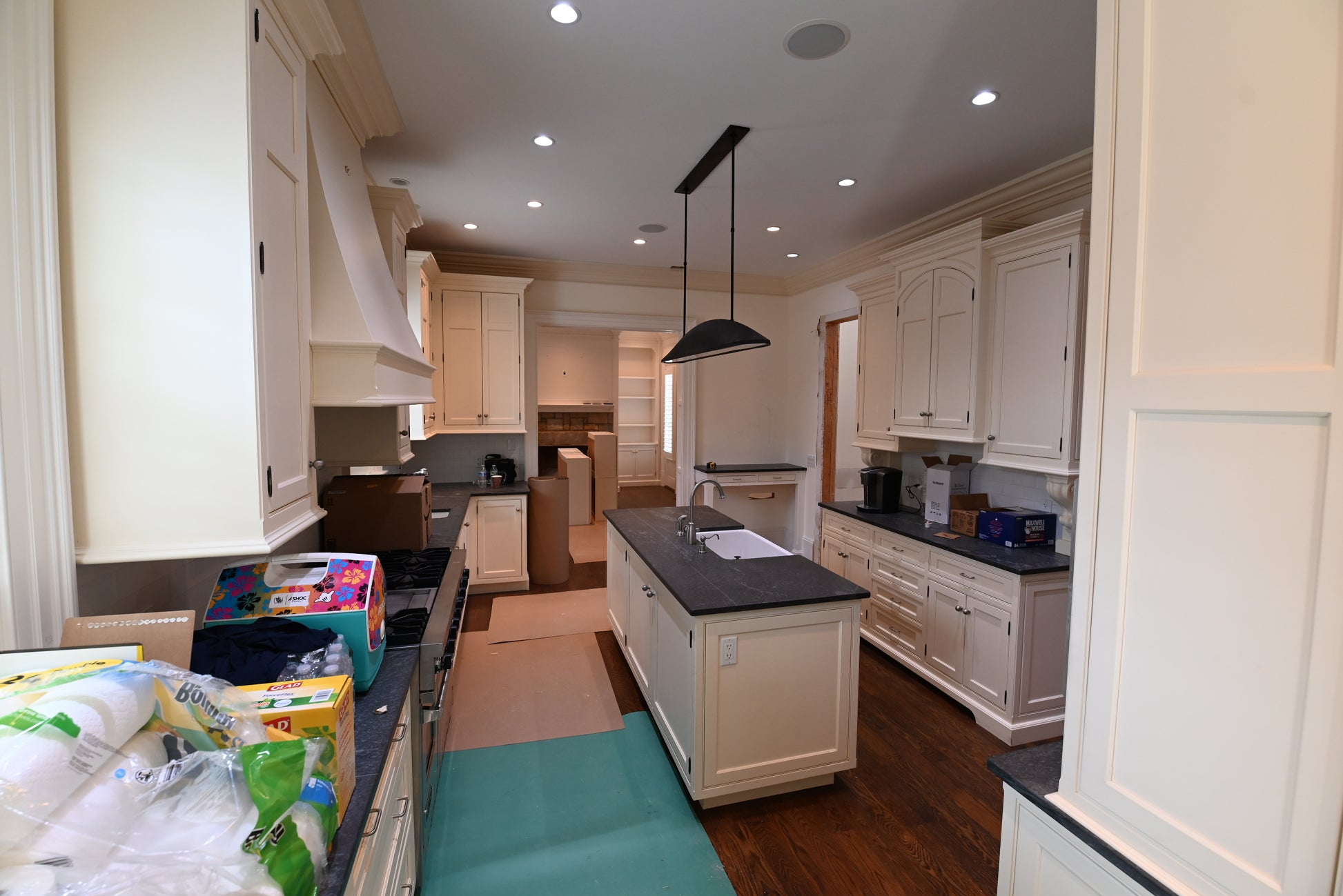 Premier Trade Group light cream transitional full kitchen set with shaker cabinets, large island, and Viking 48 inch range