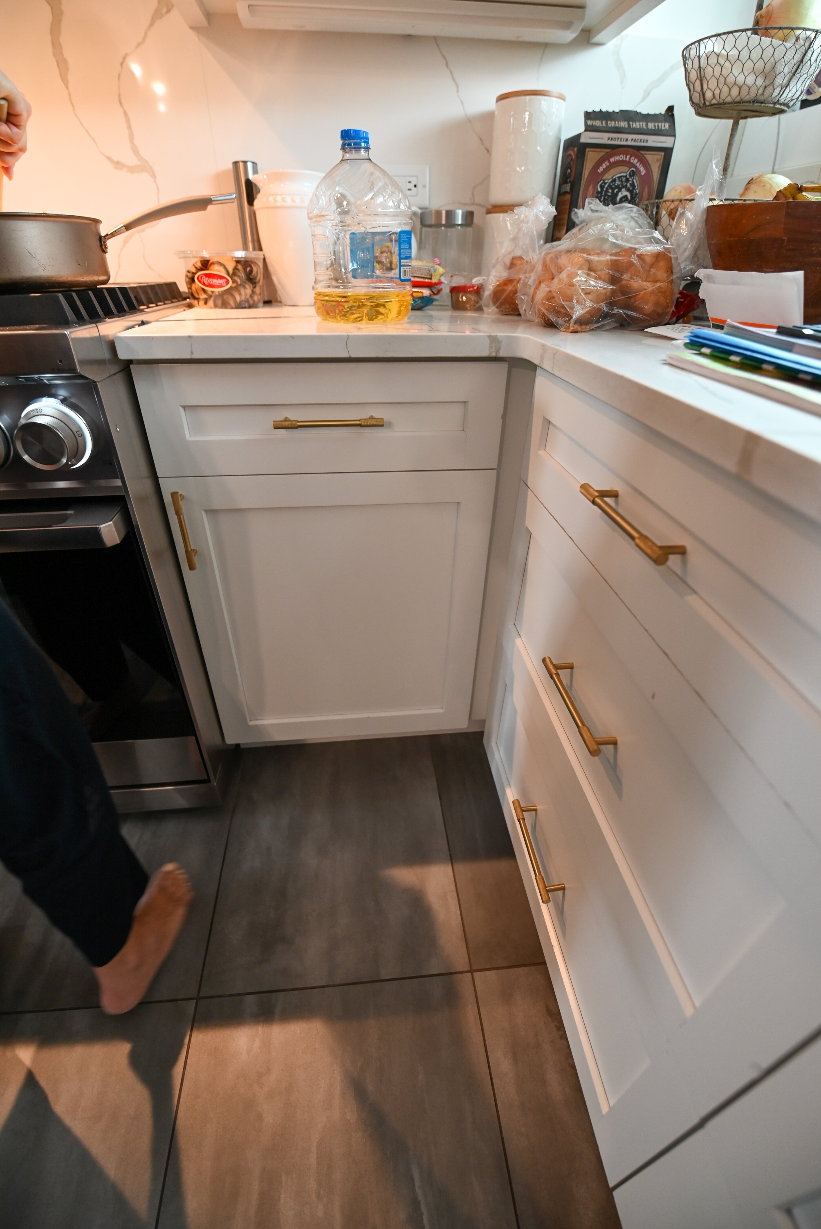 "The Lexington" Transitional White Kitchen with Black Island & Appliances