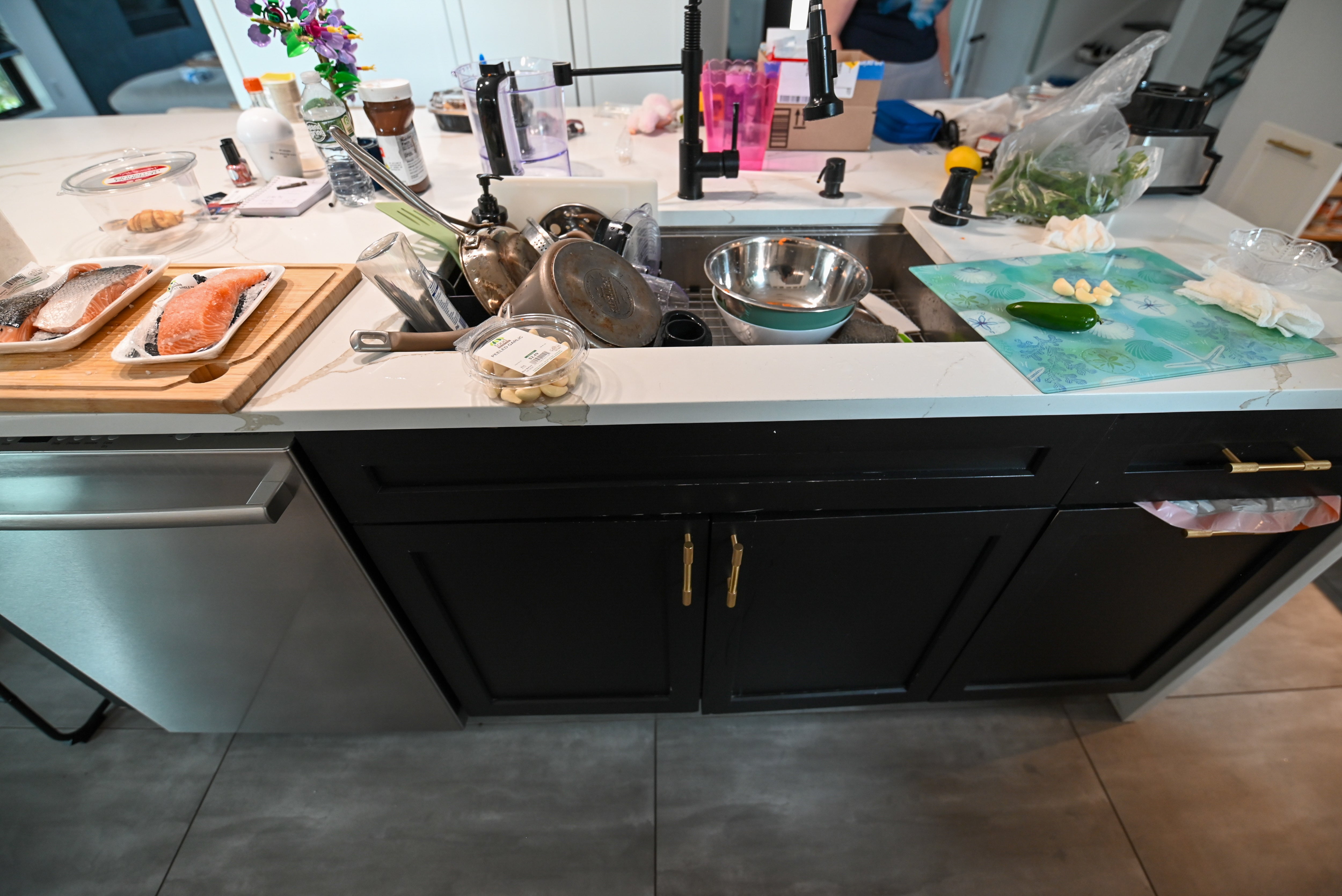"The Lexington" Transitional White Kitchen with Black Island & Appliances