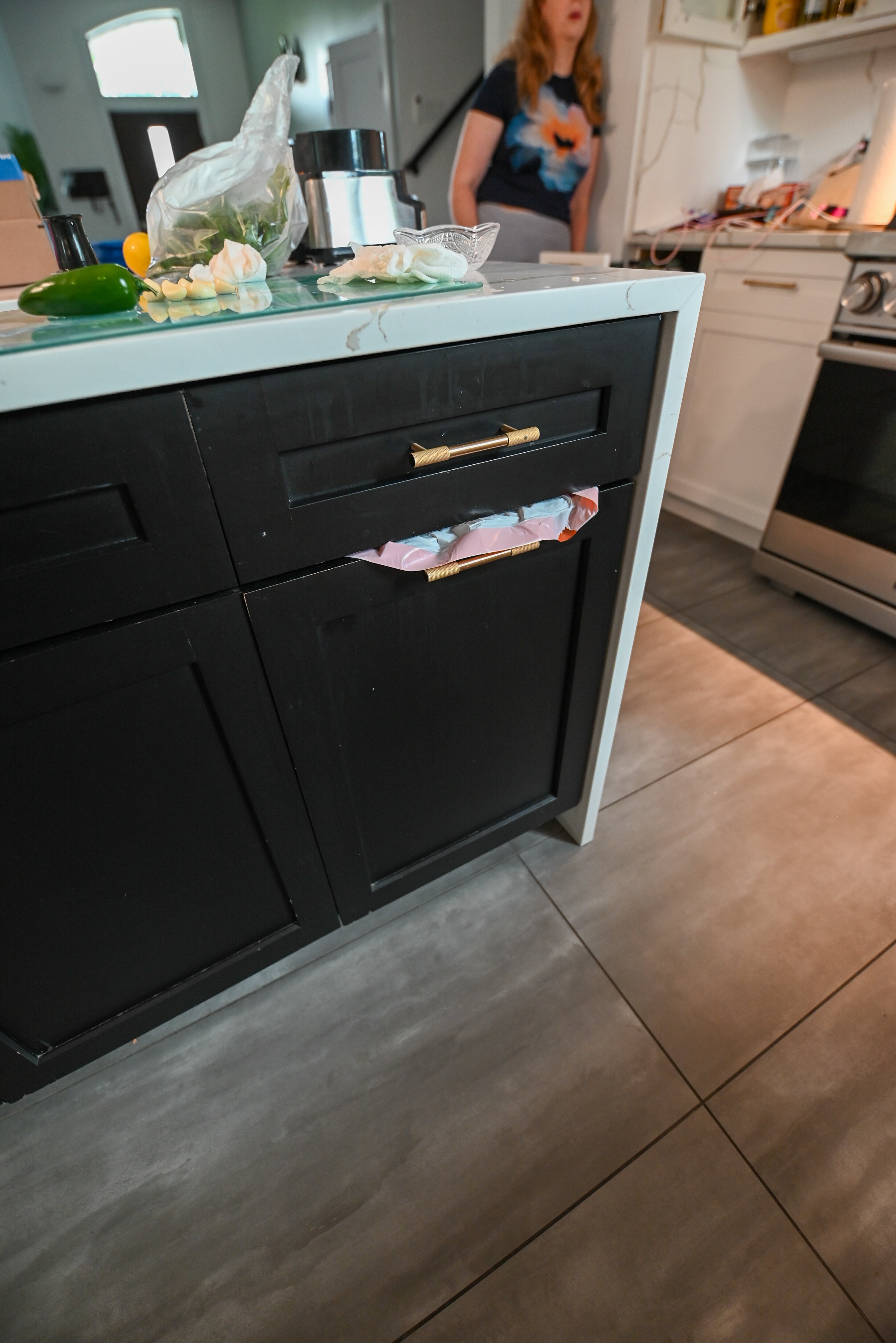 "The Lexington" Transitional White Kitchen with Black Island & Appliances