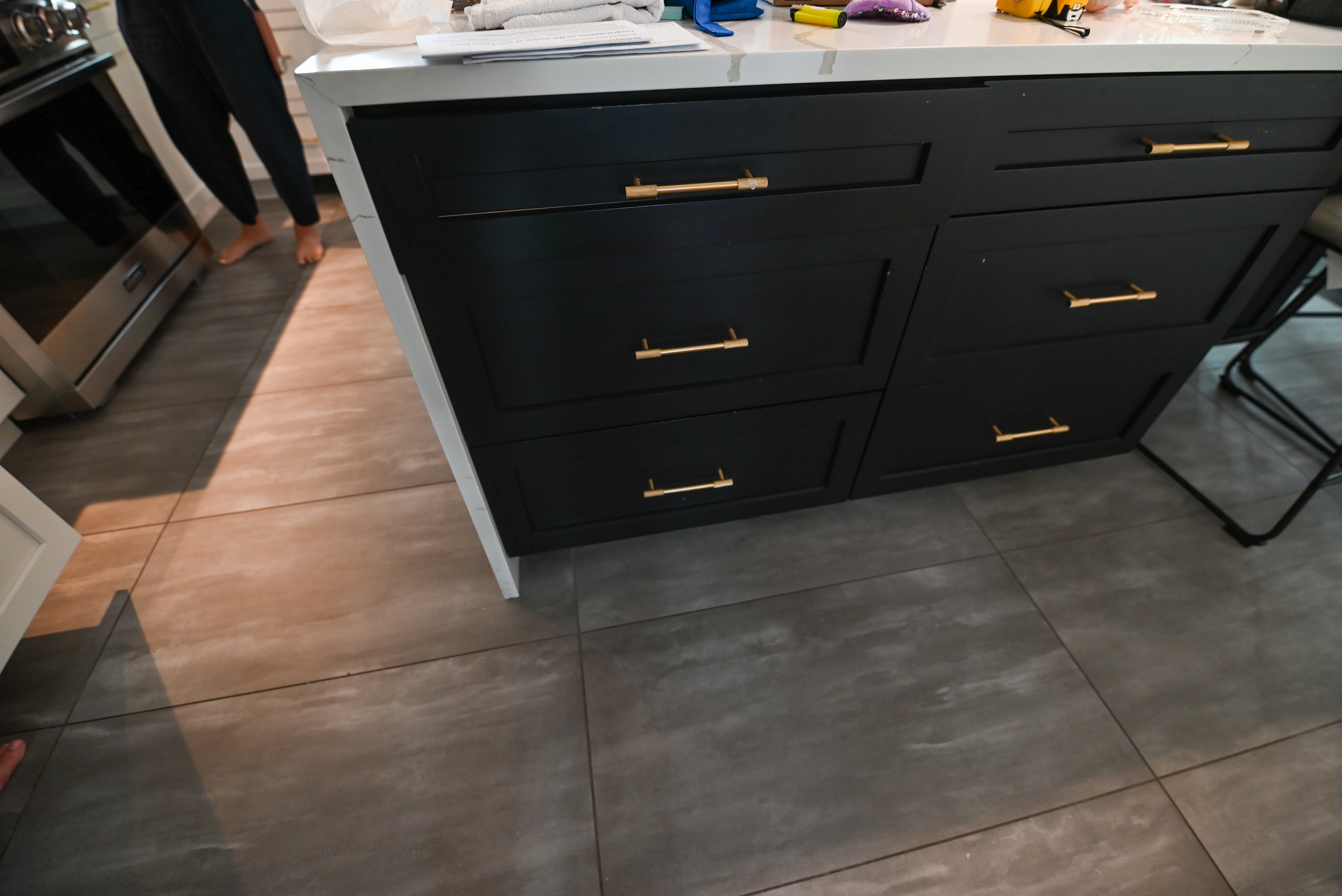 "The Lexington" Transitional White Kitchen with Black Island & Appliances