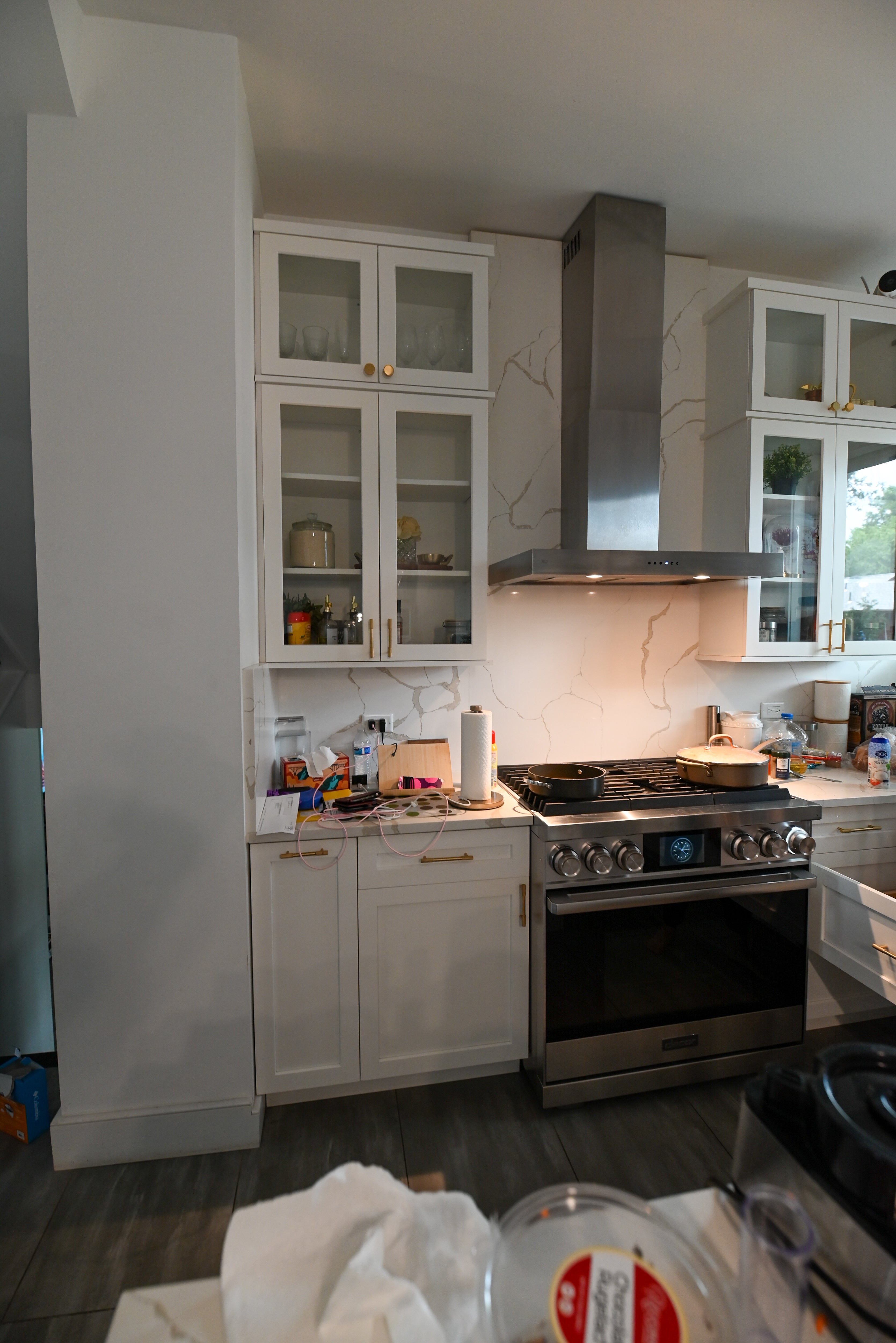 "The Lexington" Transitional White Kitchen with Black Island & Appliances