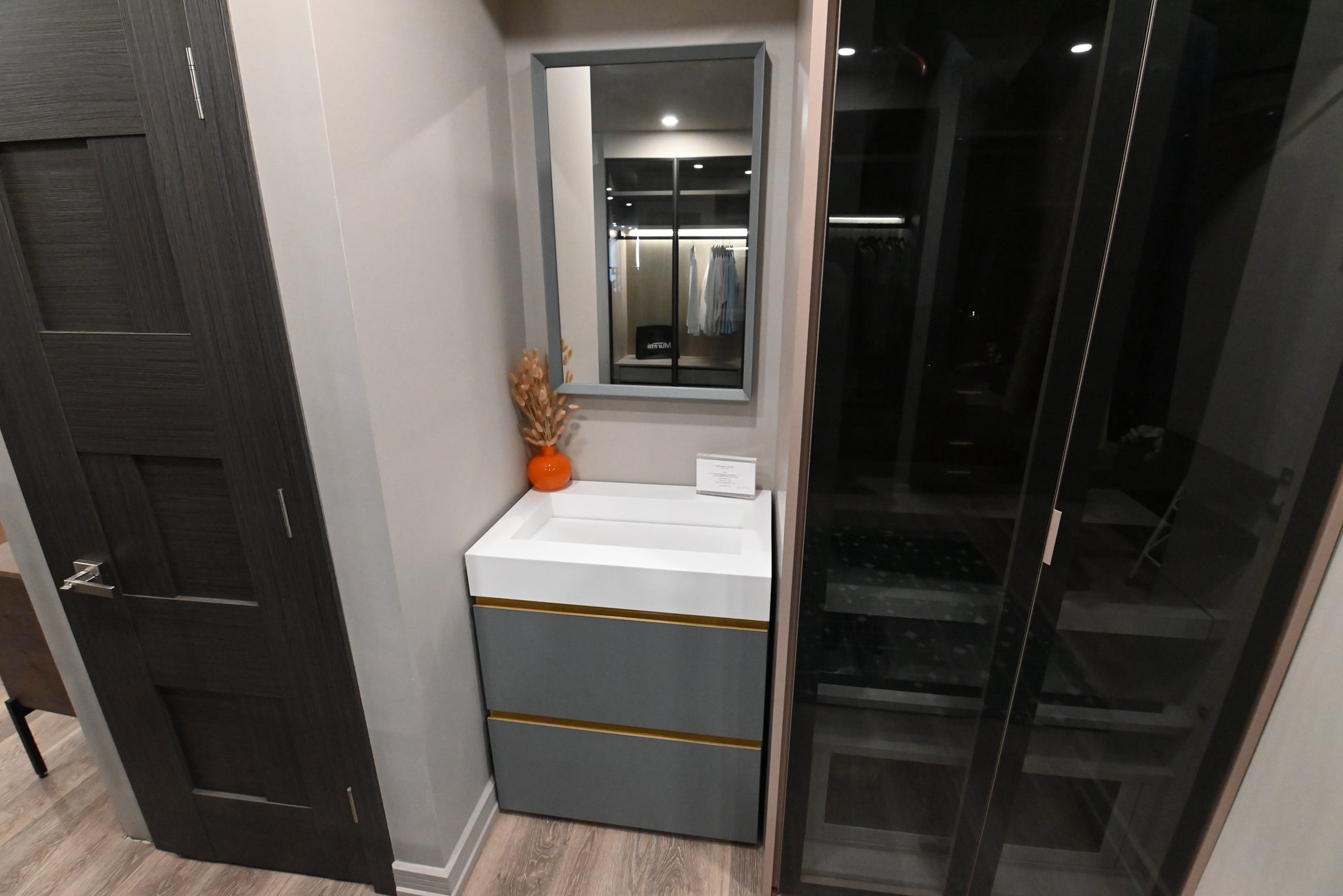 Birex 30" Modern Matte Lacquered Vanity with White Integrated Sink Top and Glass Wardrobe