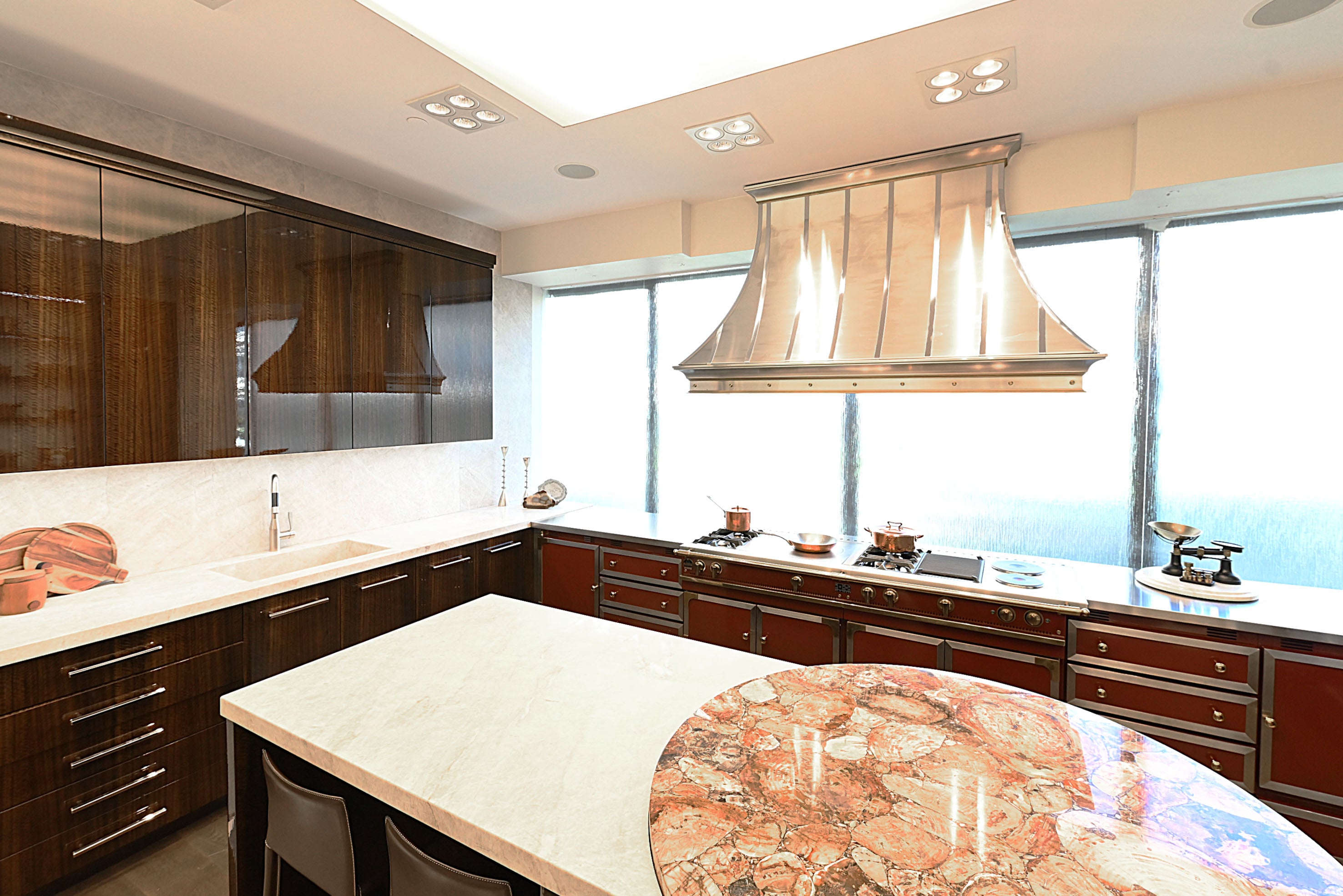 St. Charles Modern Kitchen with La Cornue Chateau Burgundy Cabinets and Glossy Eucalyptus with La Cornue Grand Palais 180 Rangetop and Custom Hood