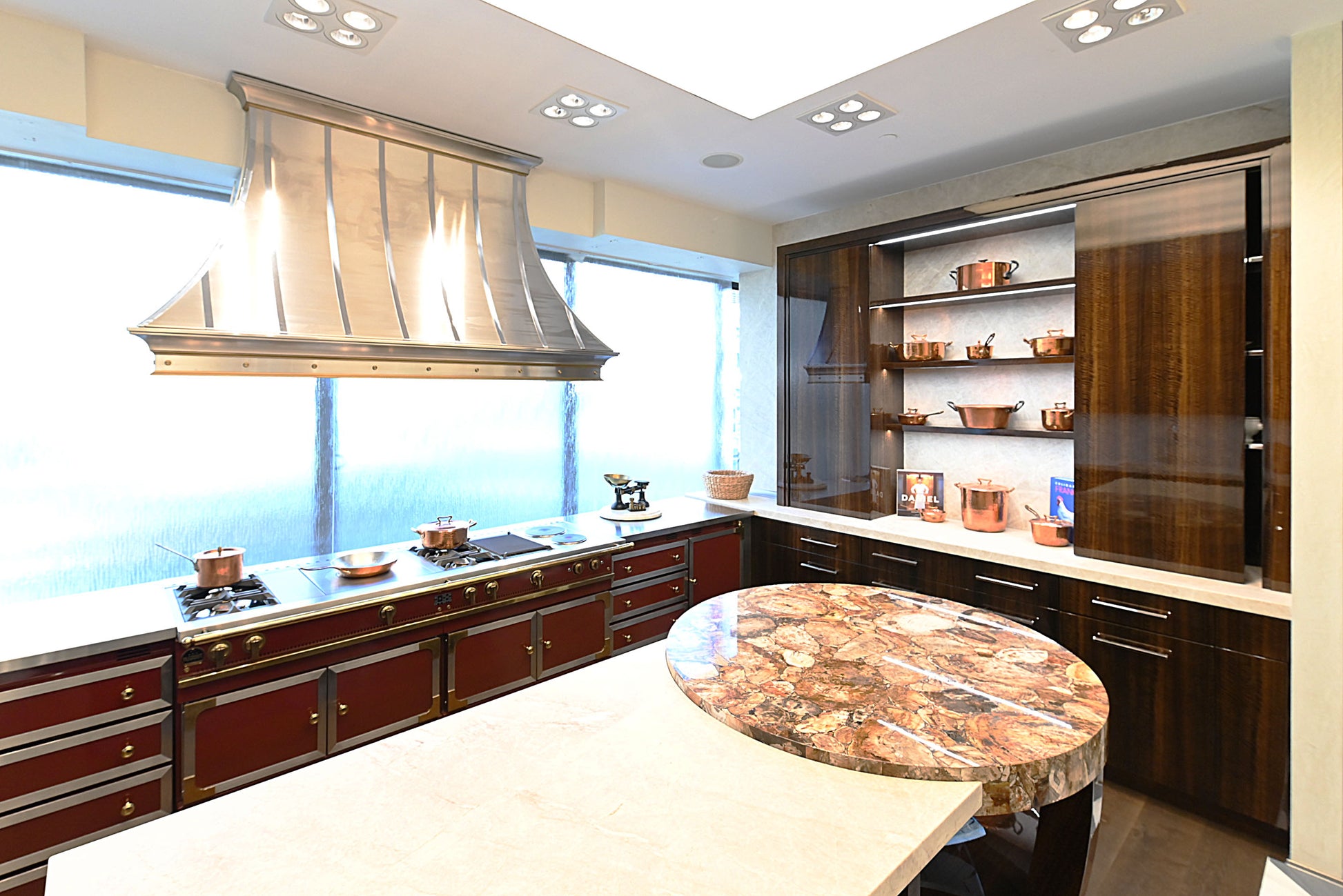 St. Charles Modern Kitchen with La Cornue Chateau Burgundy Cabinets and Glossy Eucalyptus with La Cornue Grand Palais 180 Rangetop and Custom Hood