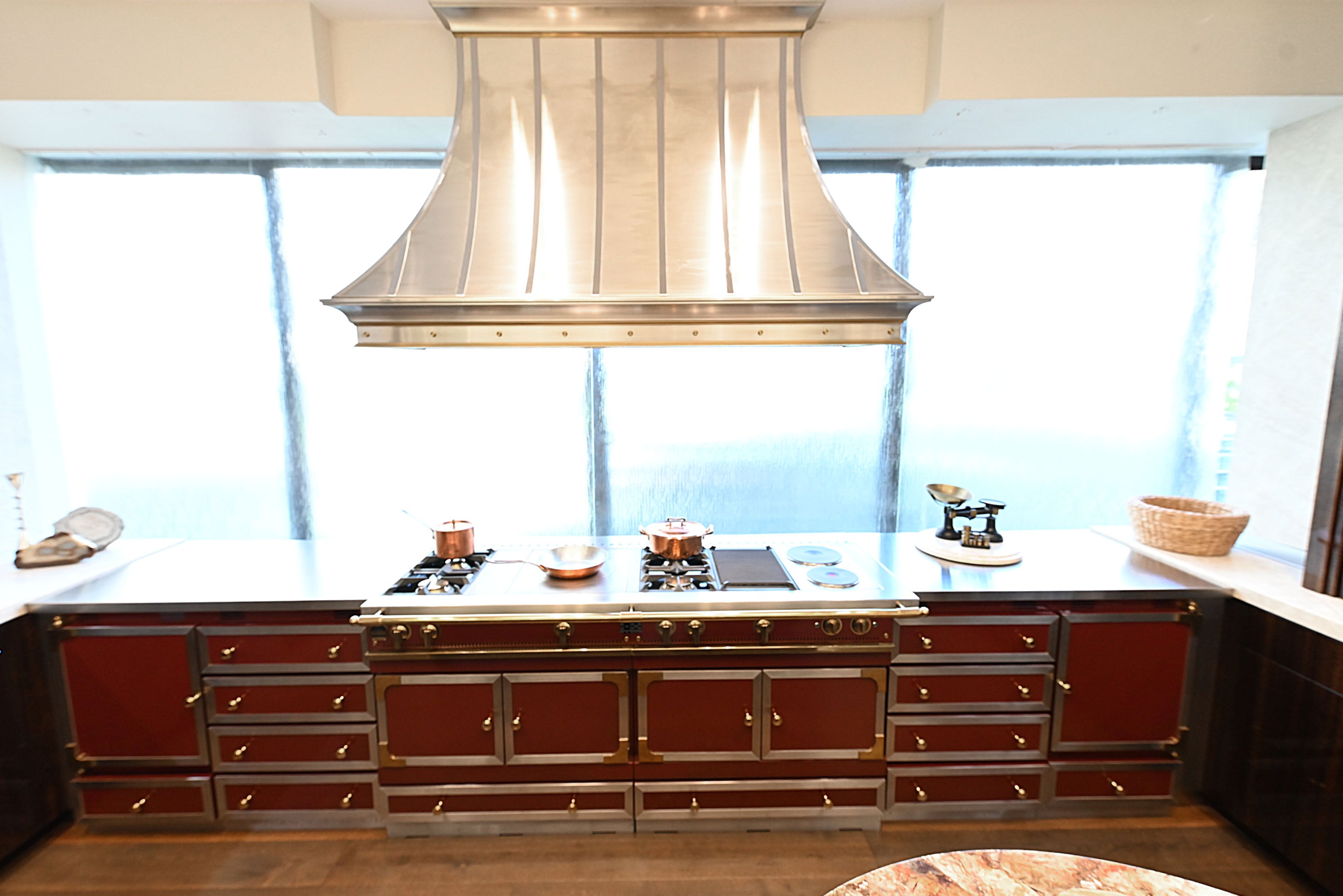 St. Charles Modern Kitchen with La Cornue Chateau Burgundy Cabinets and Glossy Eucalyptus with La Cornue Grand Palais 180 Rangetop and Custom Hood