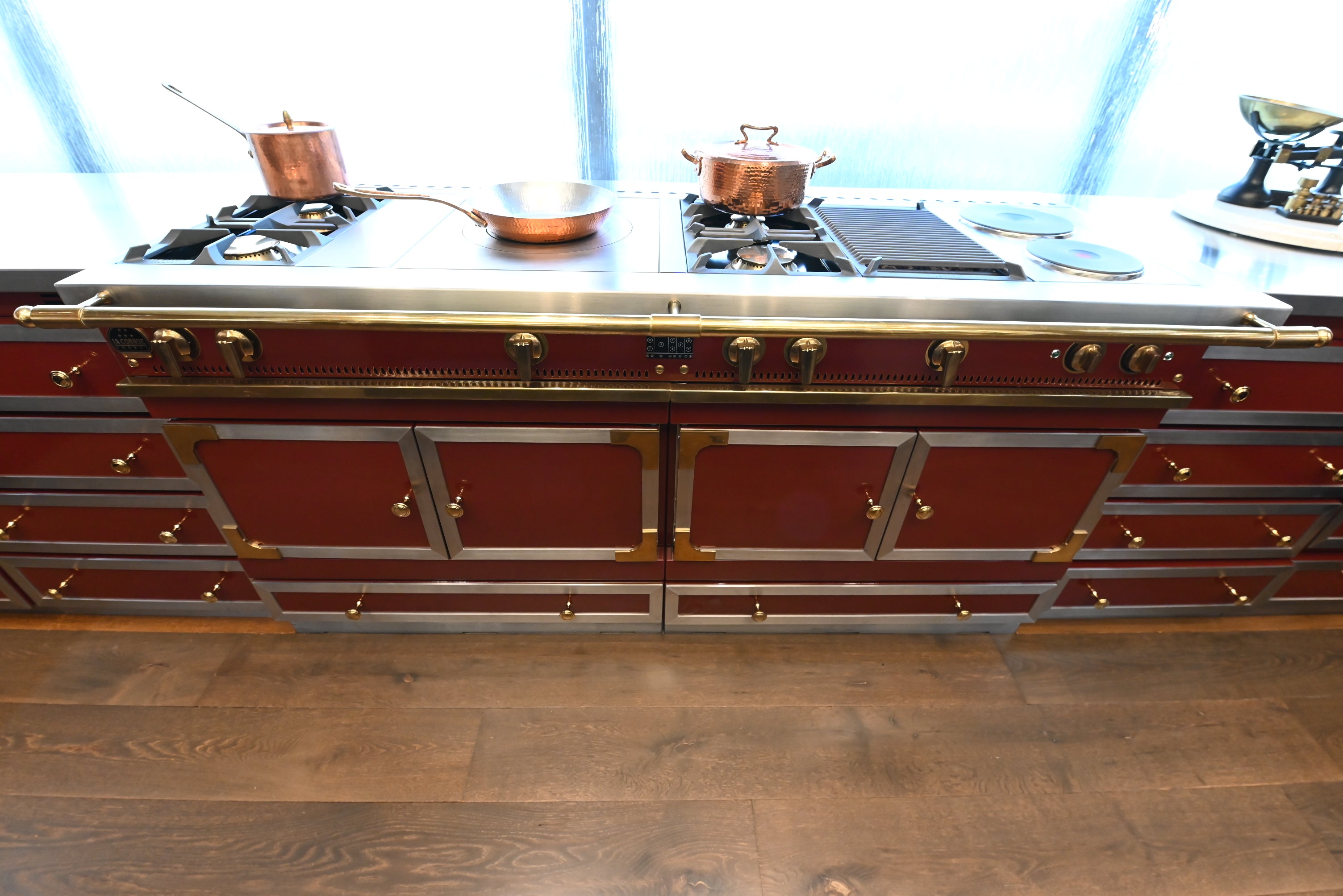 St. Charles Modern Kitchen with La Cornue Chateau Burgundy Cabinets and Glossy Eucalyptus with La Cornue Grand Palais 180 Rangetop and Custom Hood