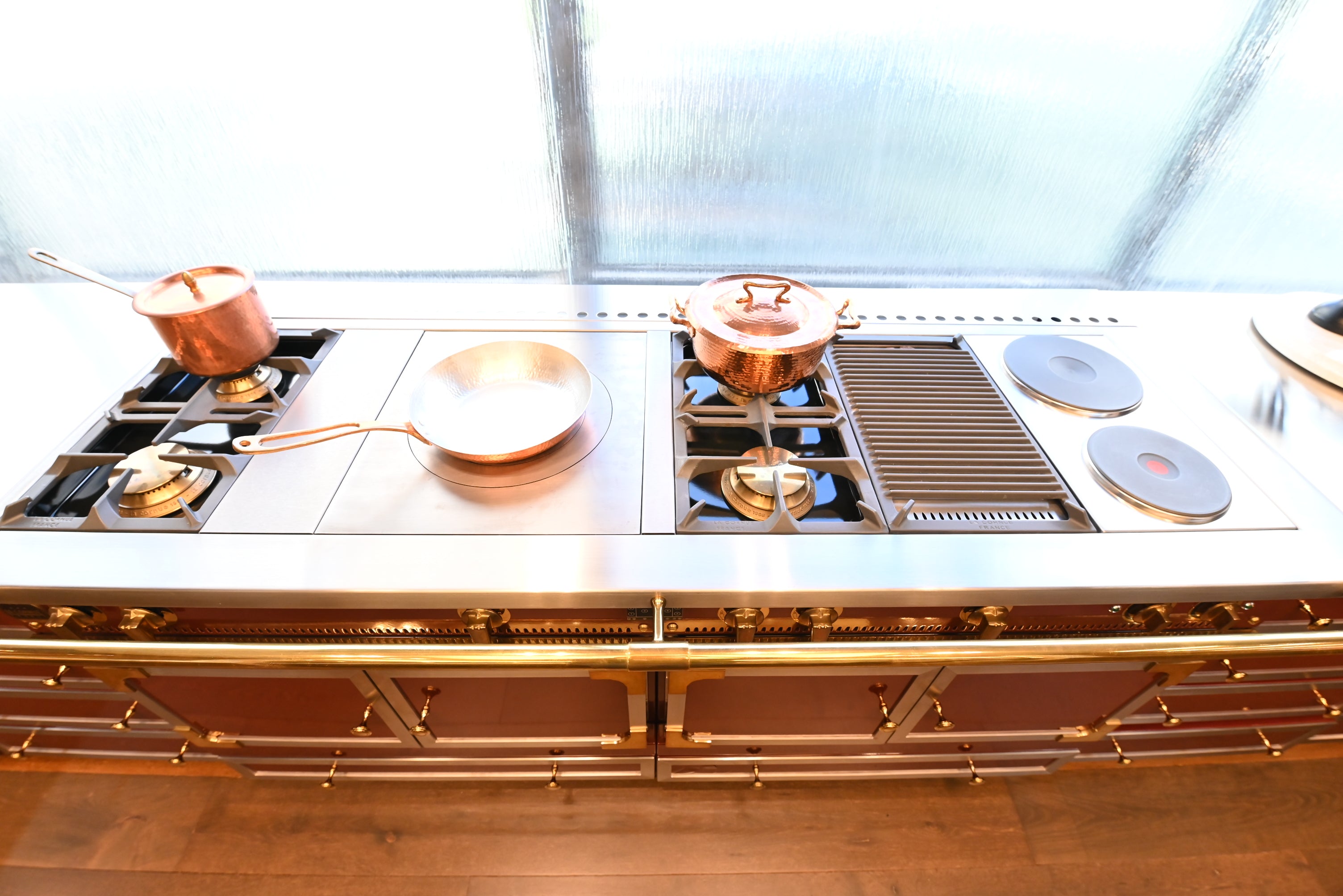 St. Charles Modern Kitchen with La Cornue Chateau Burgundy Cabinets and Glossy Eucalyptus with La Cornue Grand Palais 180 Rangetop and Custom Hood