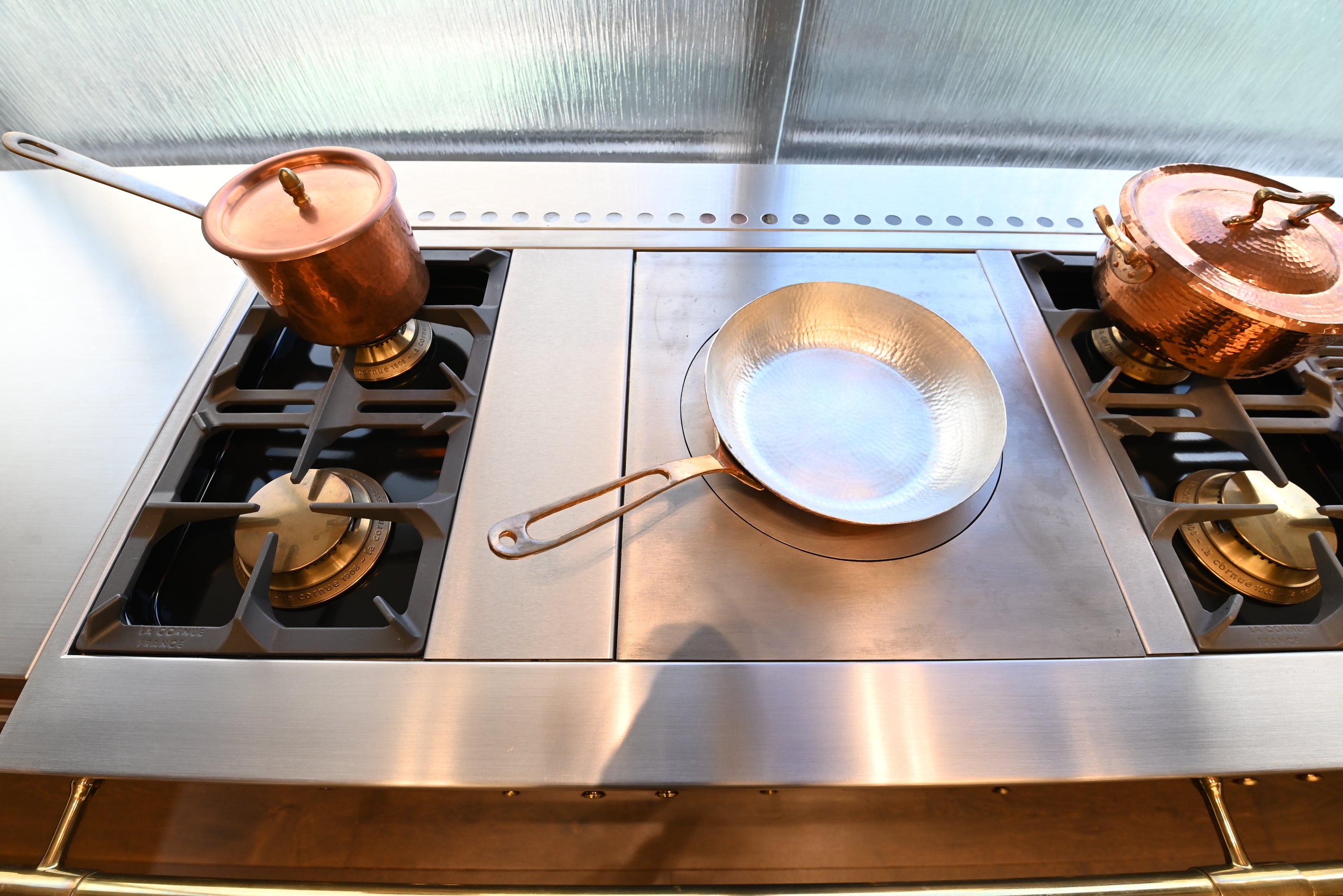 St. Charles Modern Kitchen with La Cornue Chateau Burgundy Cabinets and Glossy Eucalyptus with La Cornue Grand Palais 180 Rangetop and Custom Hood