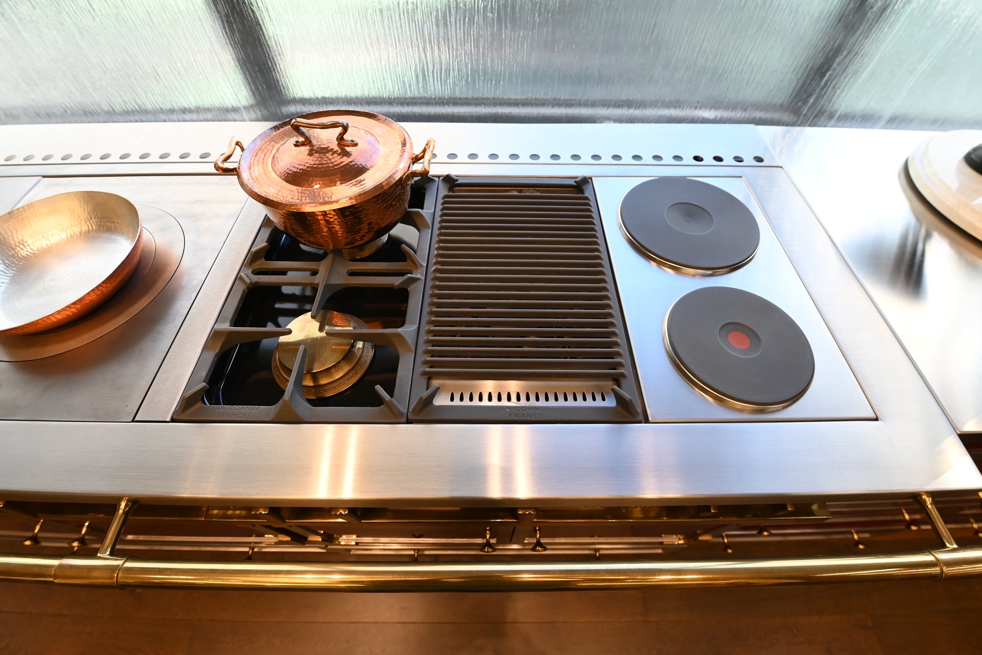 St. Charles Modern Kitchen with La Cornue Chateau Burgundy Cabinets and Glossy Eucalyptus with La Cornue Grand Palais 180 Rangetop and Custom Hood