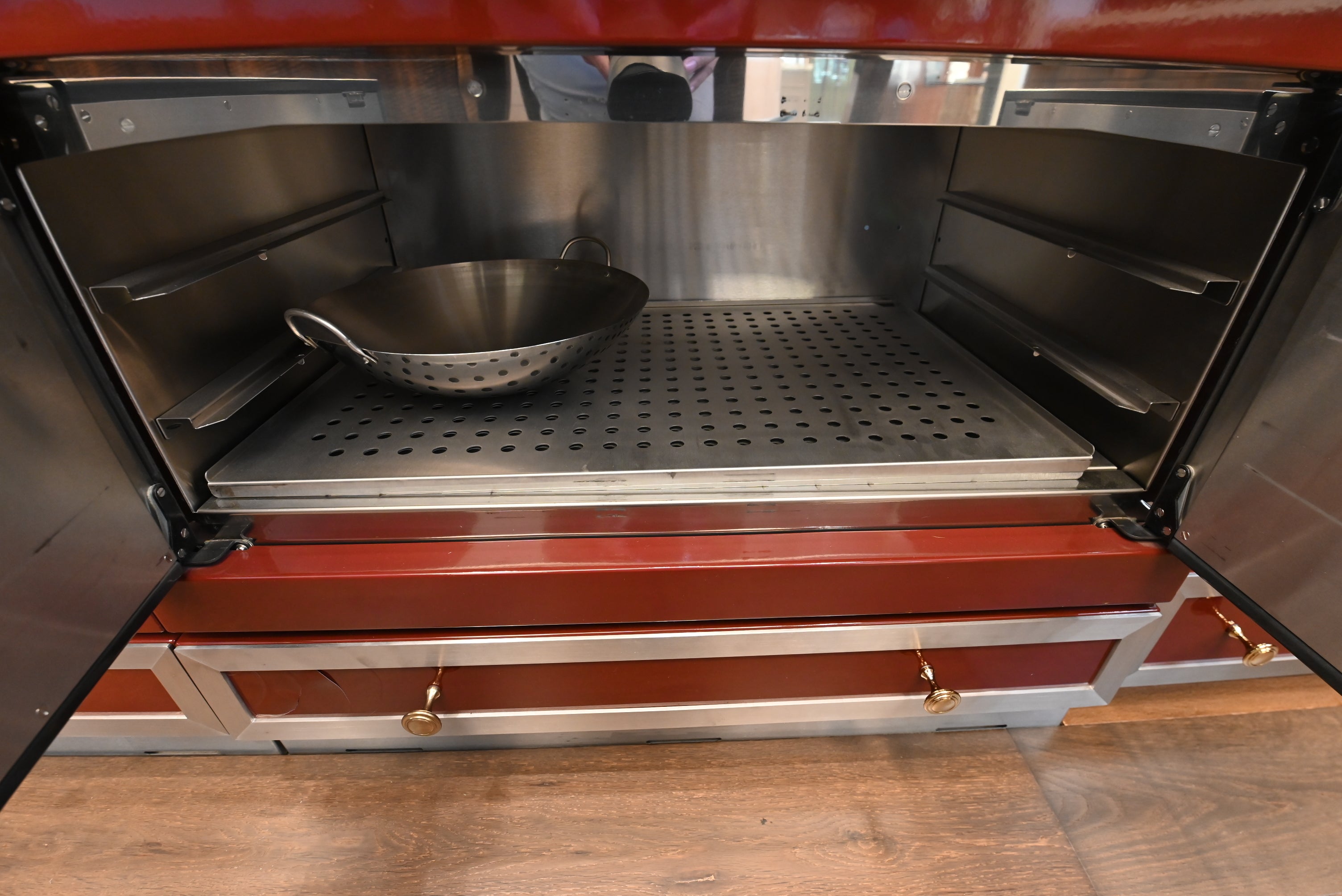 St. Charles Modern Kitchen with La Cornue Chateau Burgundy Cabinets and Glossy Eucalyptus with La Cornue Grand Palais 180 Rangetop and Custom Hood