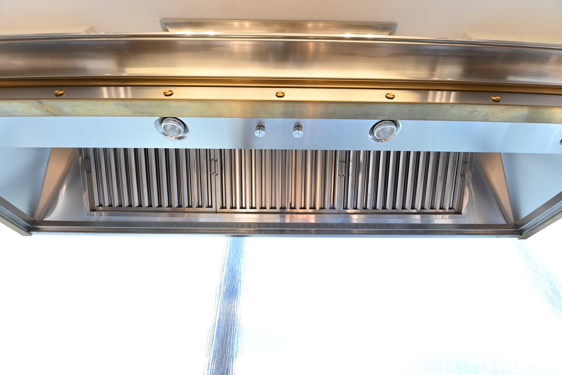 St. Charles Modern Kitchen with La Cornue Chateau Burgundy Cabinets and Glossy Eucalyptus with La Cornue Grand Palais 180 Rangetop and Custom Hood