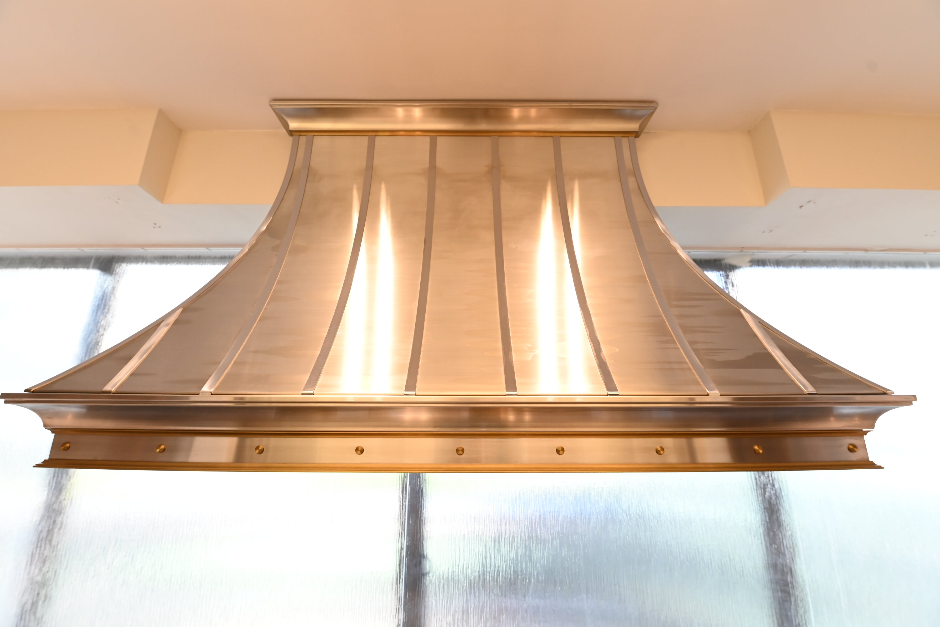 St. Charles Modern Kitchen with La Cornue Chateau Burgundy Cabinets and Glossy Eucalyptus with La Cornue Grand Palais 180 Rangetop and Custom Hood