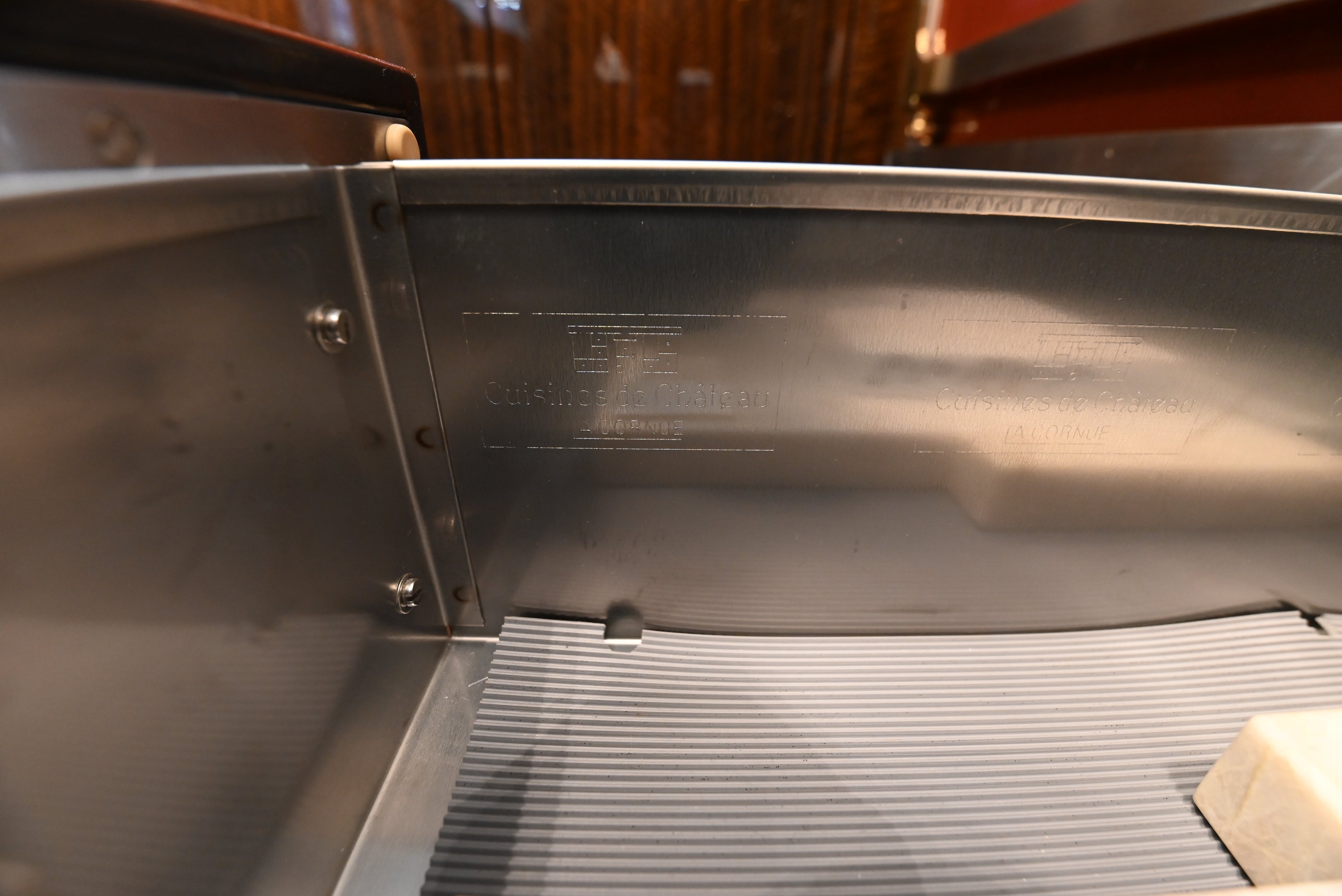 St. Charles Modern Kitchen with La Cornue Chateau Burgundy Cabinets and Glossy Eucalyptus with La Cornue Grand Palais 180 Rangetop and Custom Hood