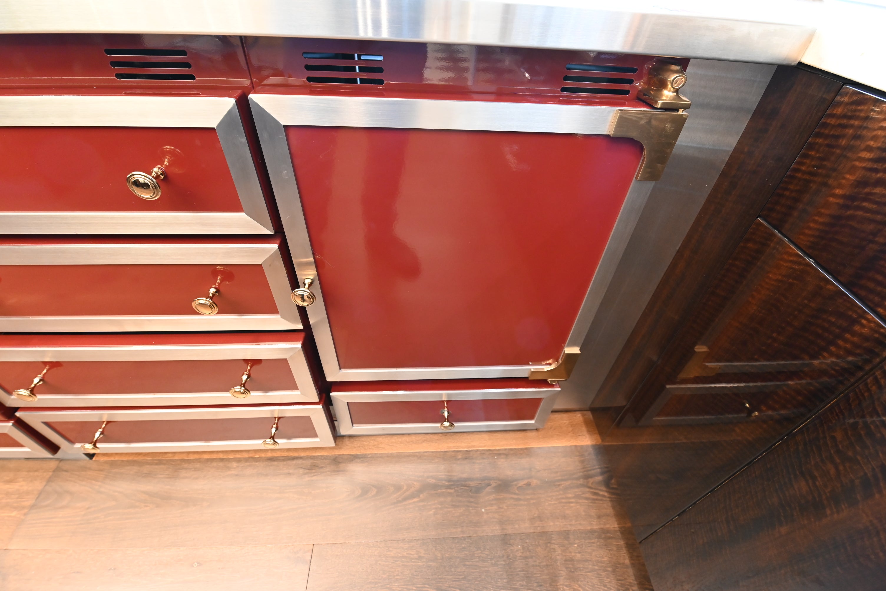 St. Charles Modern Kitchen with La Cornue Chateau Burgundy Cabinets and Glossy Eucalyptus with La Cornue Grand Palais 180 Rangetop and Custom Hood