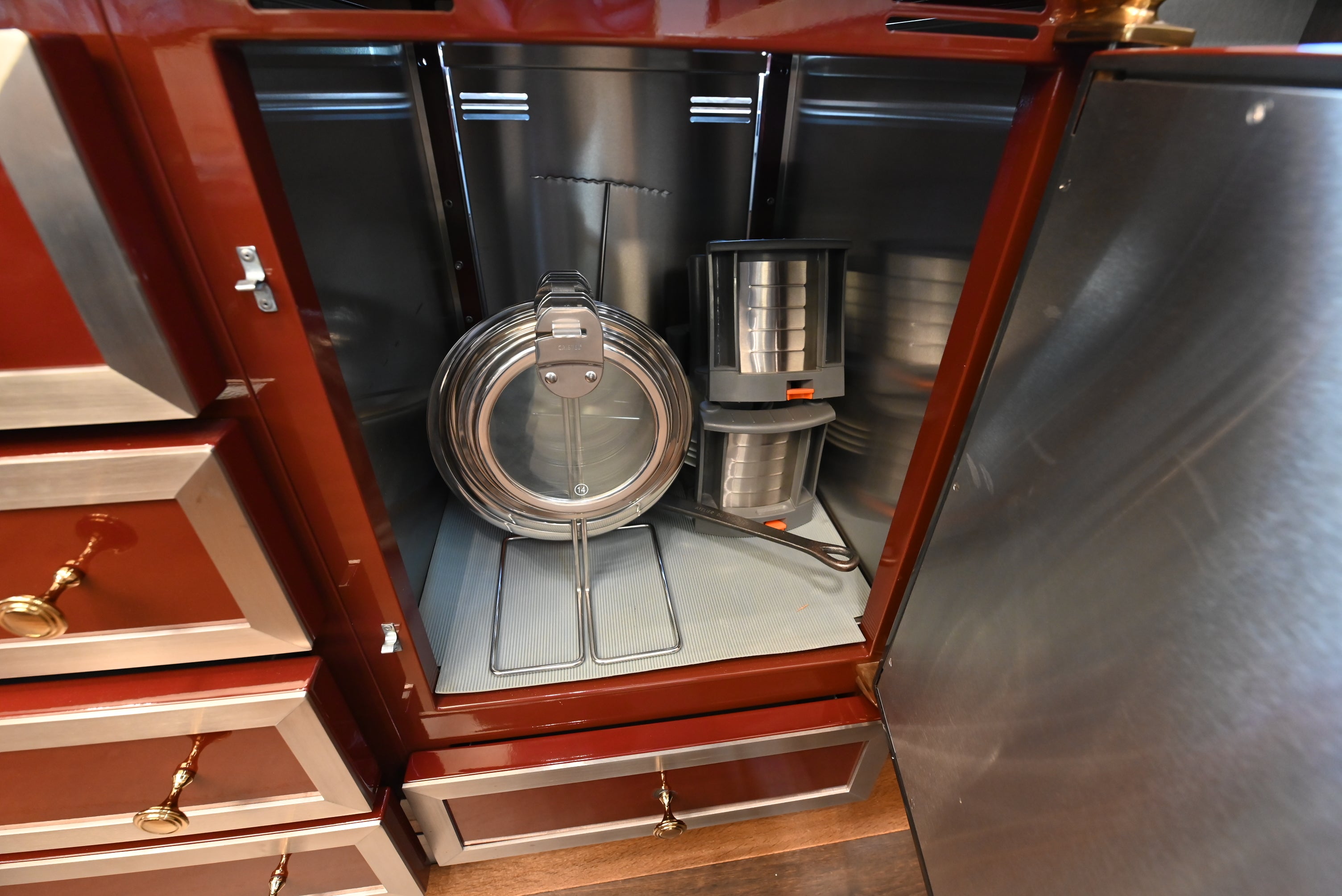 St. Charles Modern Kitchen with La Cornue Chateau Burgundy Cabinets and Glossy Eucalyptus with La Cornue Grand Palais 180 Rangetop and Custom Hood