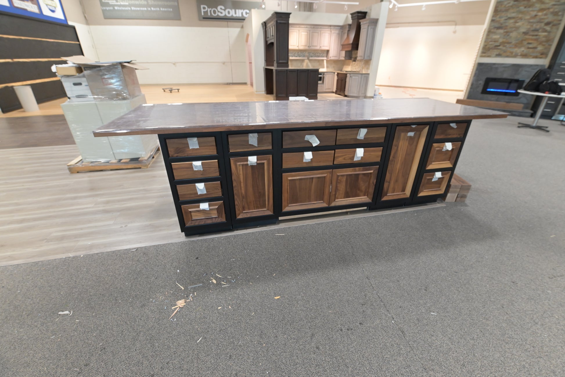 Omega natural wood and black kitchen island with bar seating room
