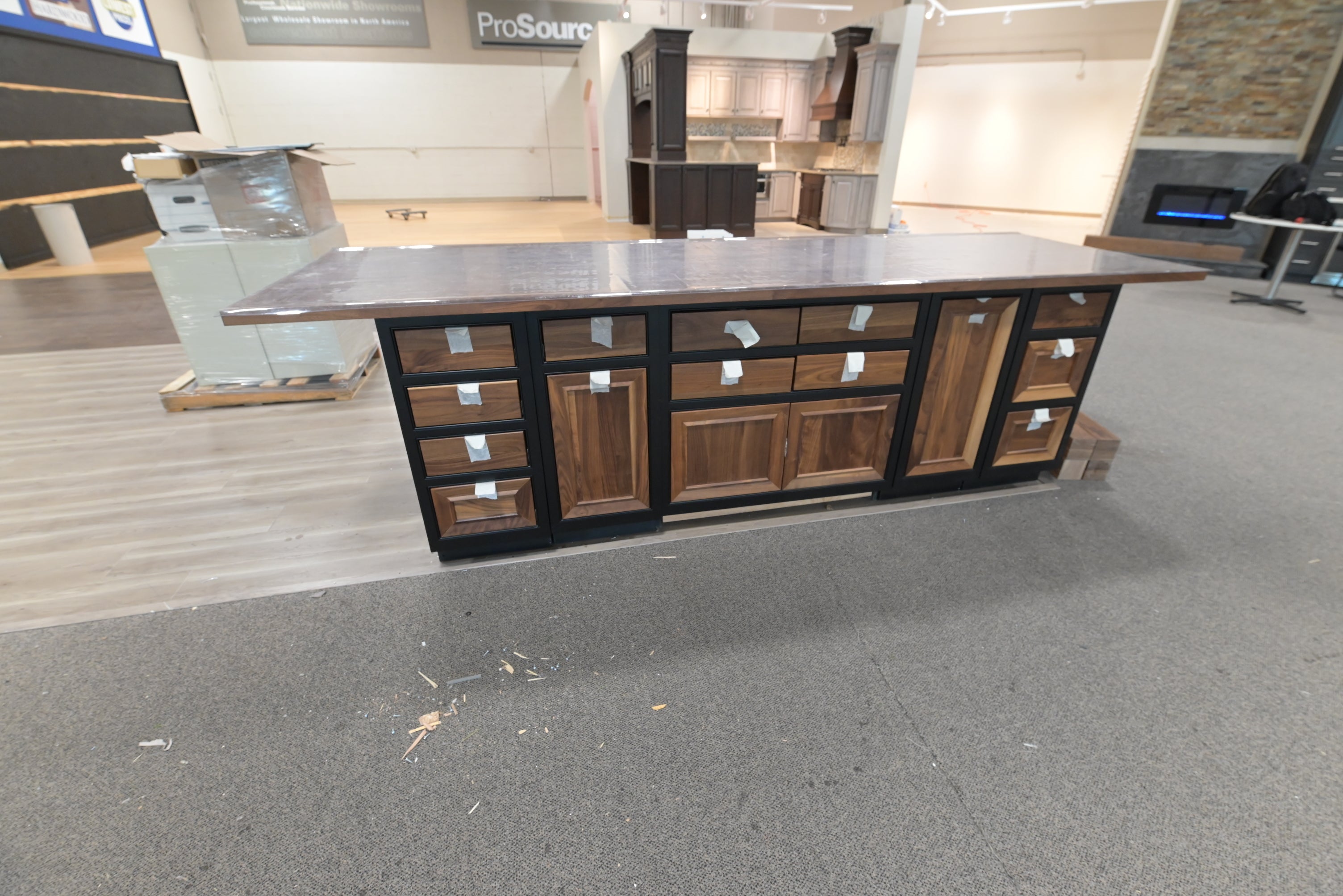 Omega natural wood and black kitchen island with bar seating room