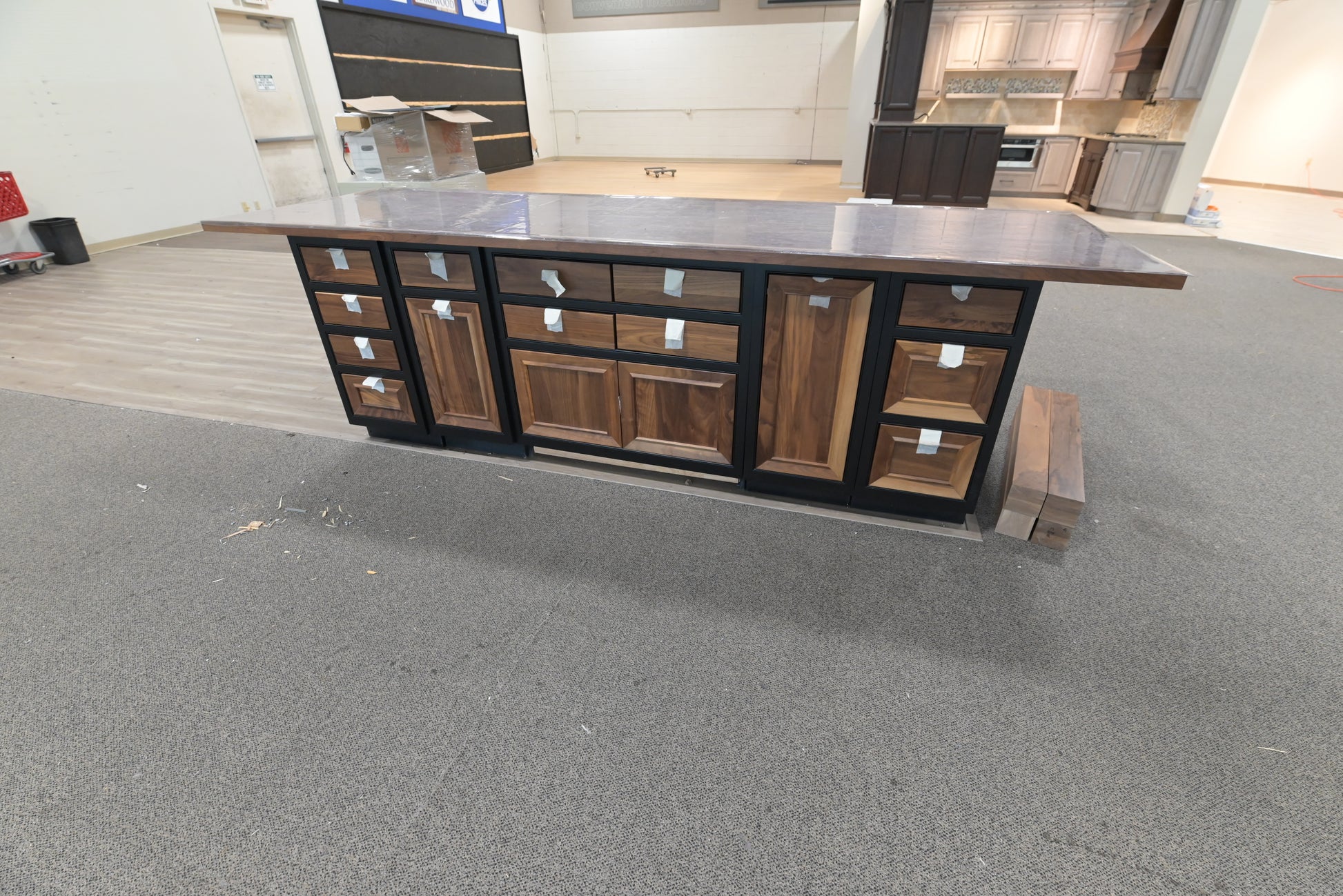 Omega Natural Wood and Black Island with Seating Room