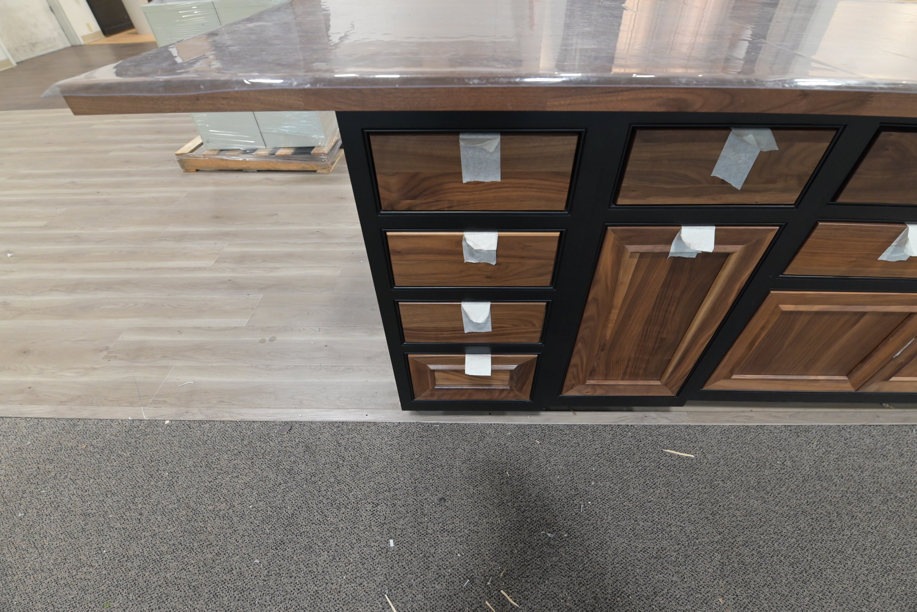 Omega Natural Wood and Black Island with Seating Room
