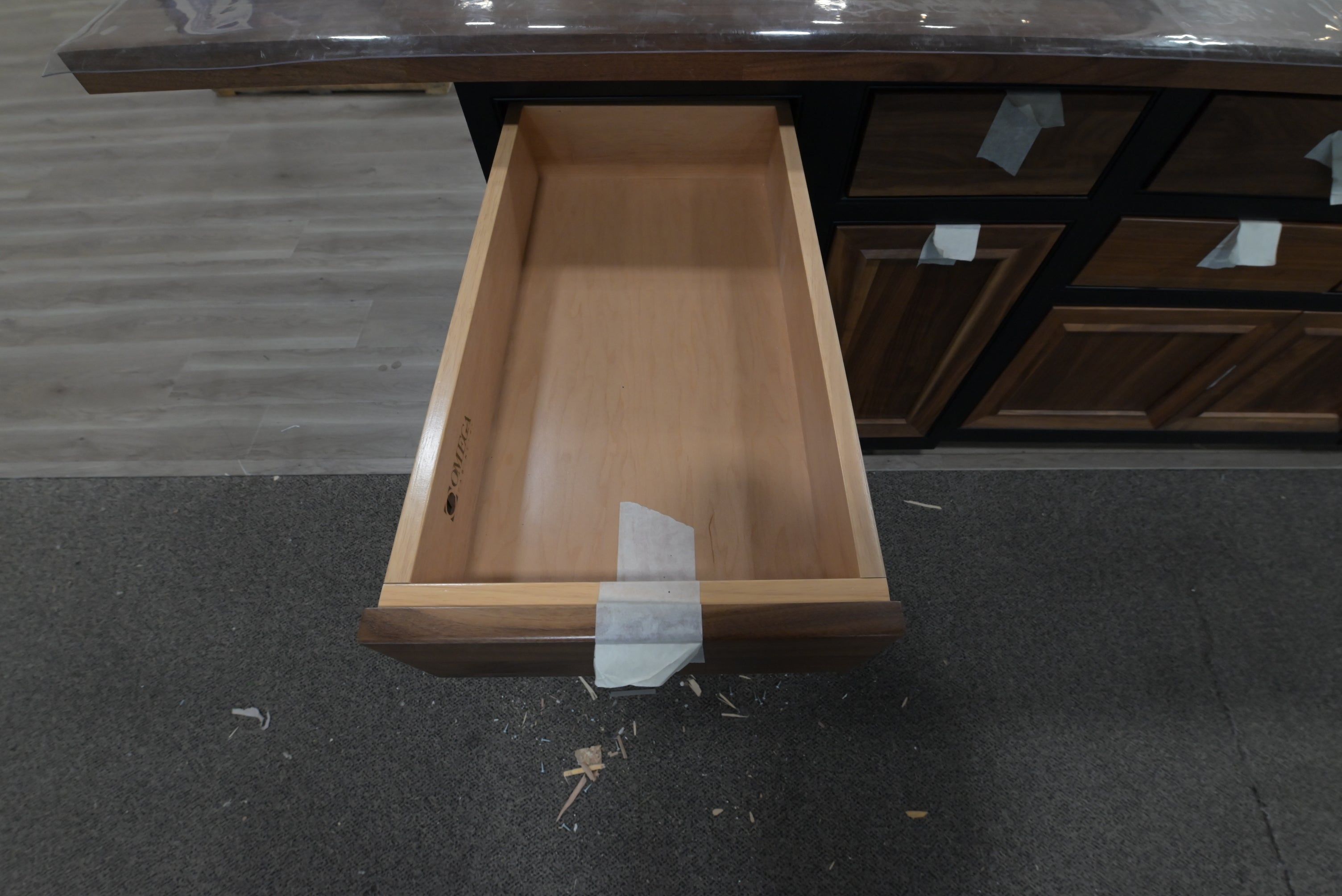 Omega Natural Wood and Black Island with Seating Room