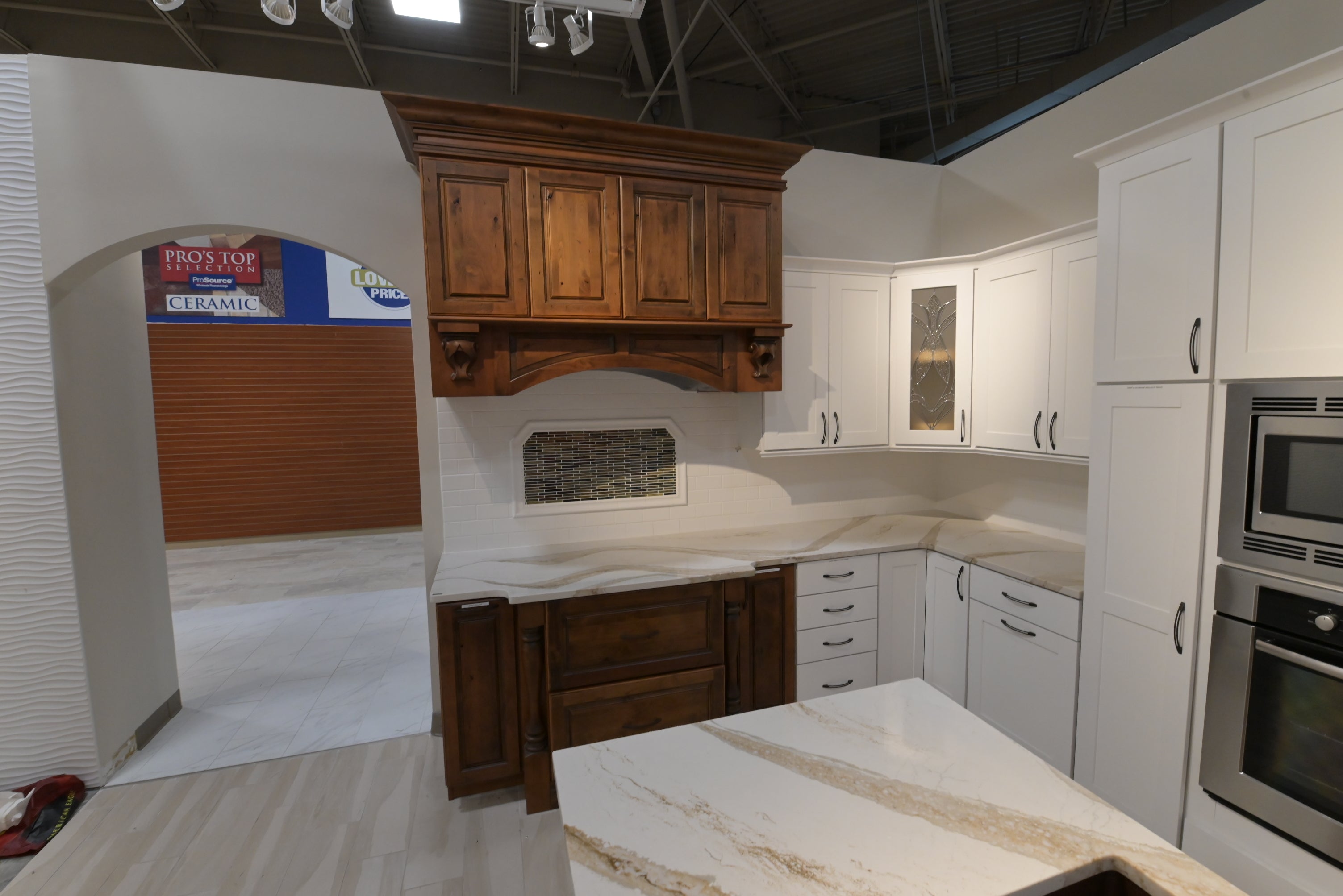 "The Brentwood" Transitional White & Wood Kitchen with Island & Appliances