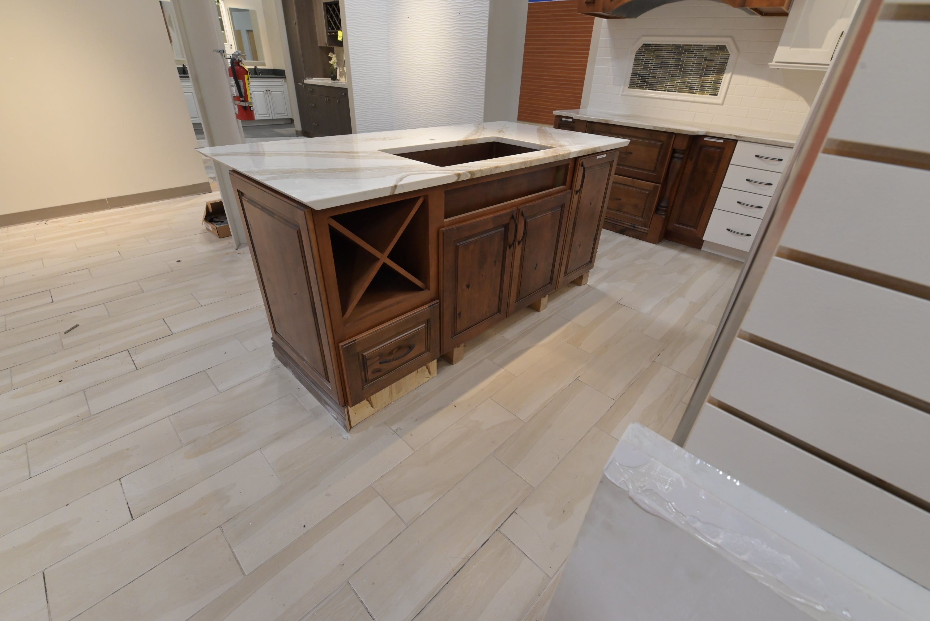 "The Brentwood" Transitional White & Wood Kitchen with Island & Appliances