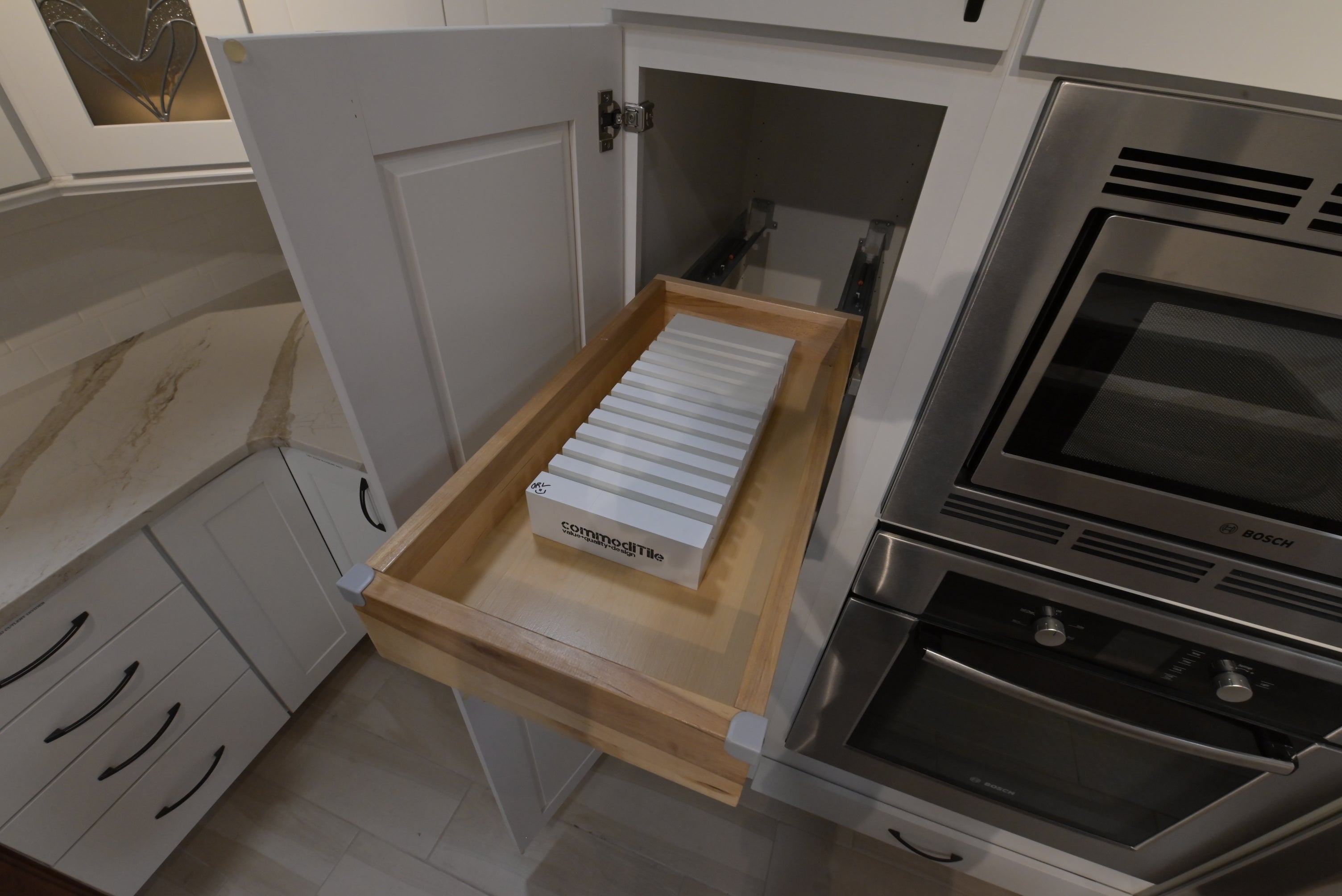 "The Brentwood" Transitional White & Wood Kitchen with Island & Appliances