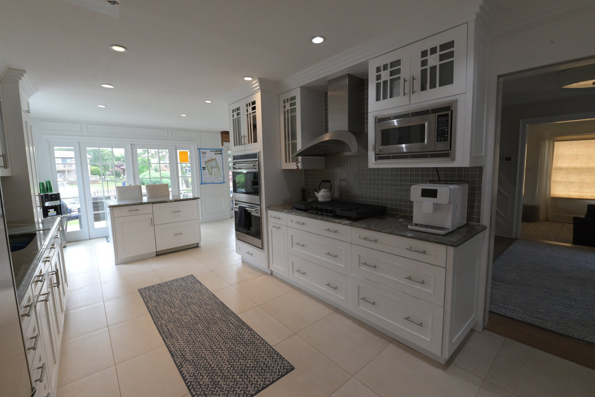 "The Roxbury" Transitional White Kitchen with Island & Sub-Zero Refrigerator