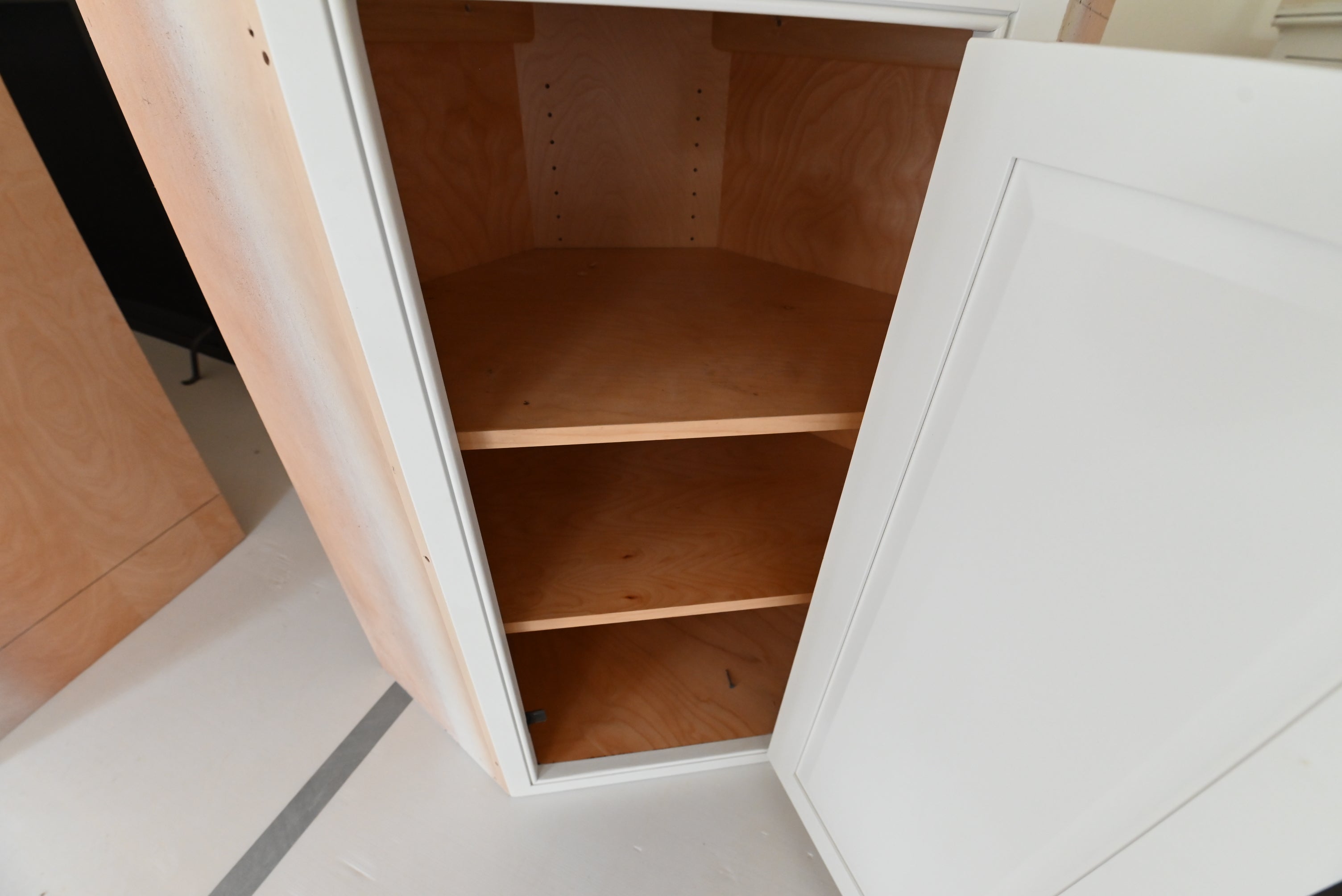 Prevo Transitional White Complete Kitchen Cabinets with Brown Wooden Island