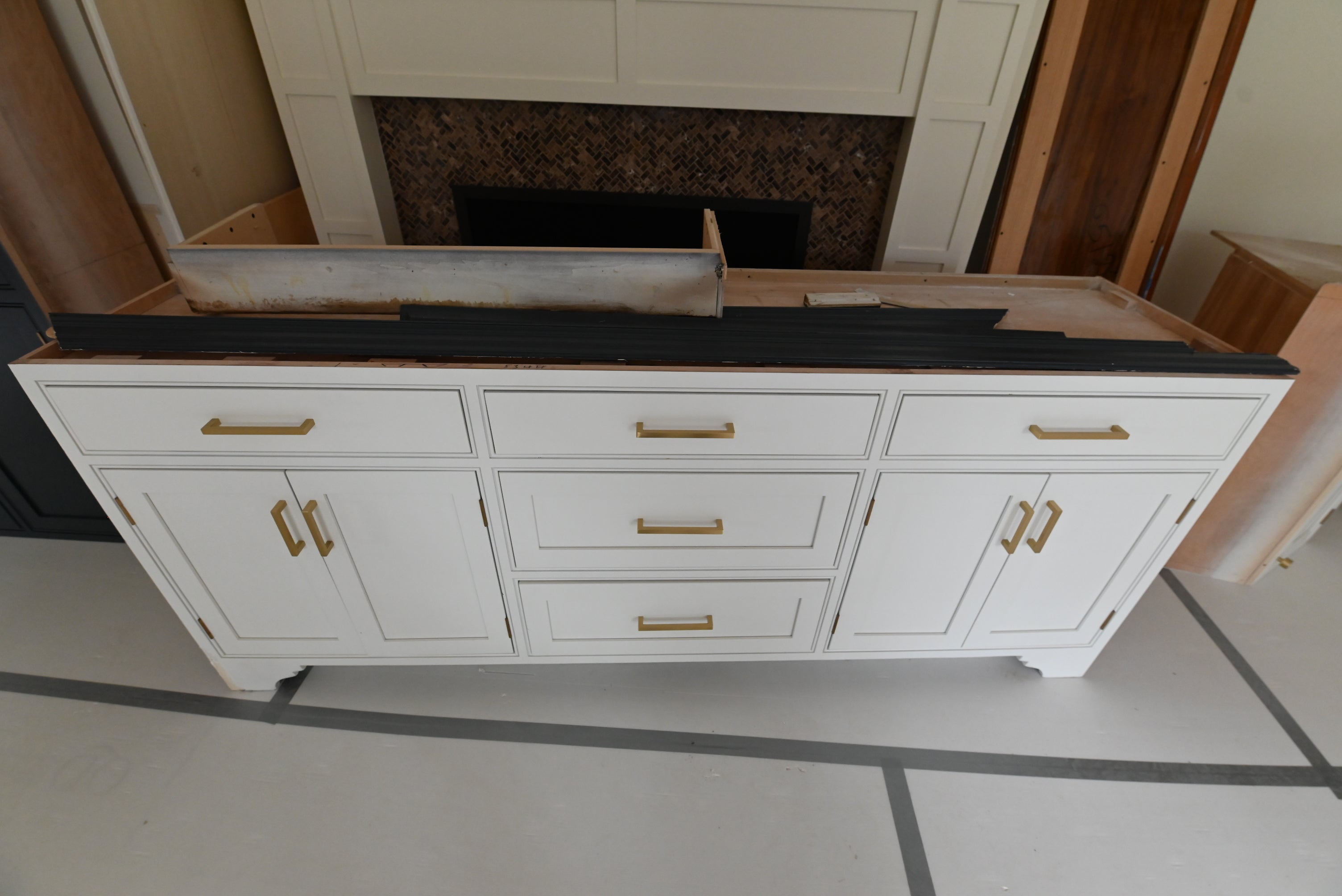 Prevo Transitional White Complete Kitchen Cabinets with Brown Wooden Island