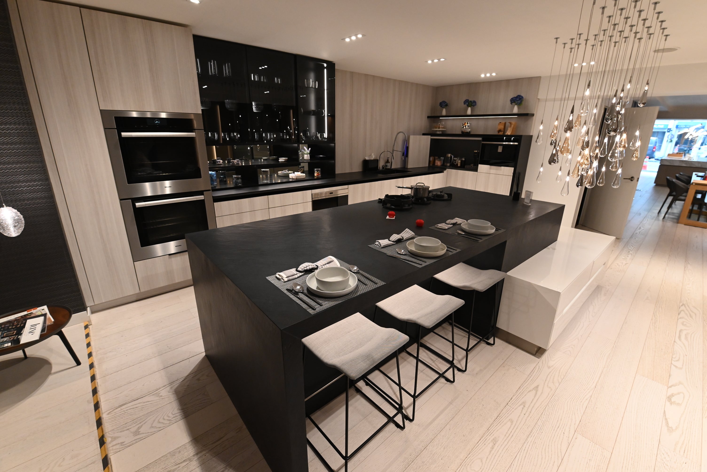 DOCA Modern Wood Veneer Black Kitchen with Island & Appliances