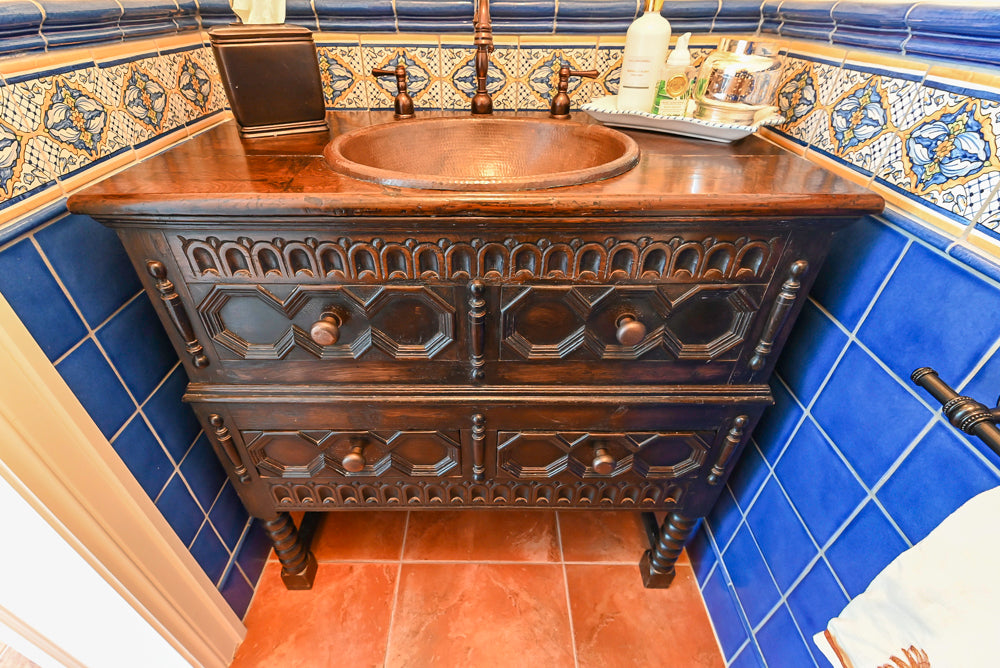 Dark Brown Single Vanity with Top, Copper Sink and Copper Faucet