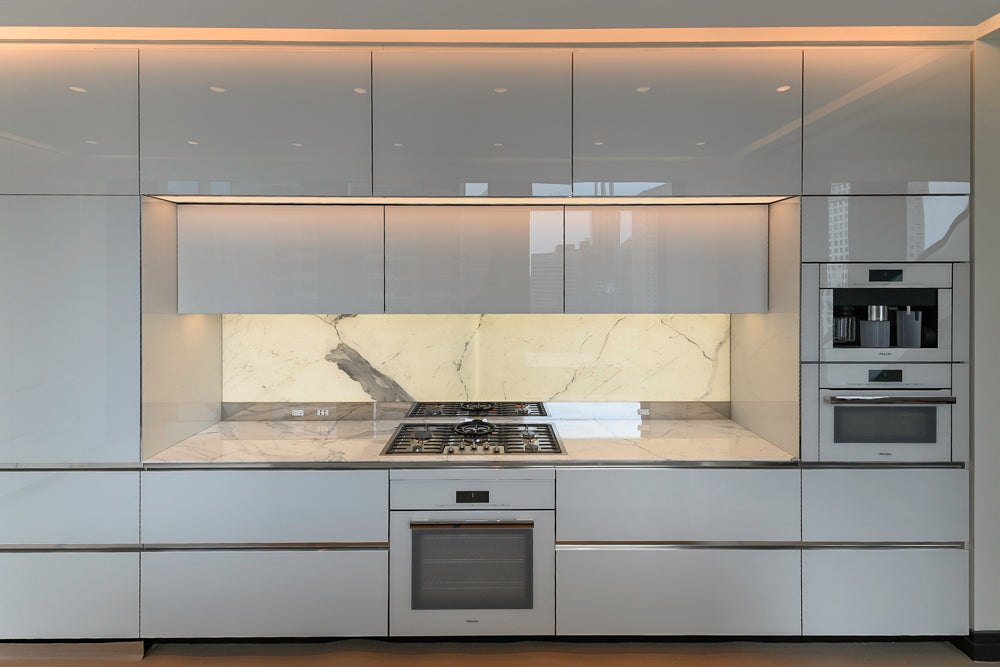 Modern White Pre-Owned Kitchen with Marble Island and Appliances