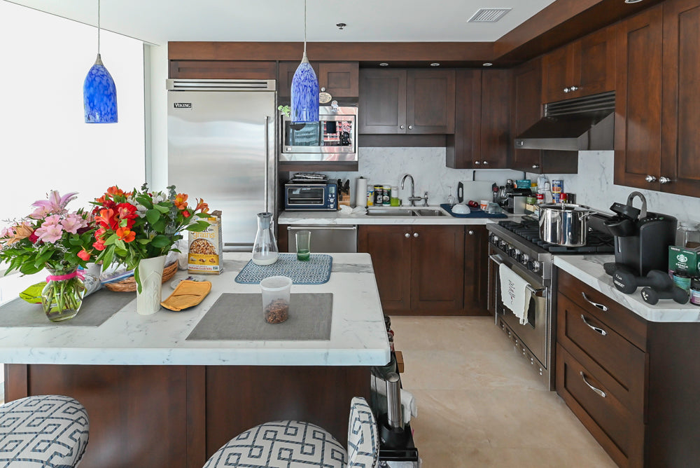 Dark Wooden Traditional Kitchen with Marble Island and Viking Appliance Package