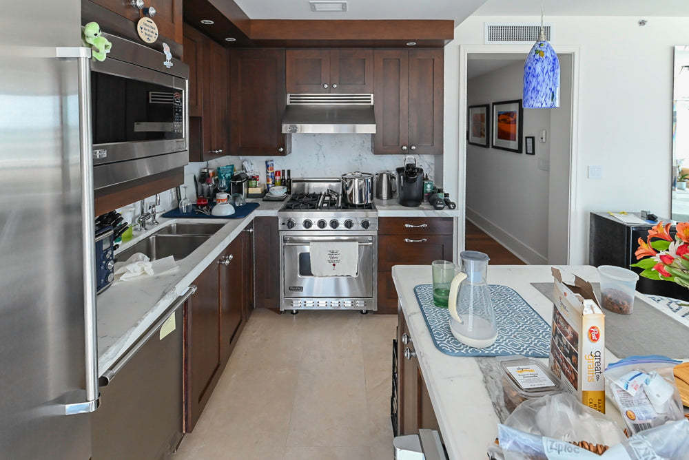 Dark Wooden Traditional Kitchen with Marble Island and Viking Appliance Package