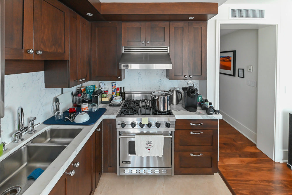 Dark Wooden Traditional Kitchen with Marble Island and Viking Appliance Package
