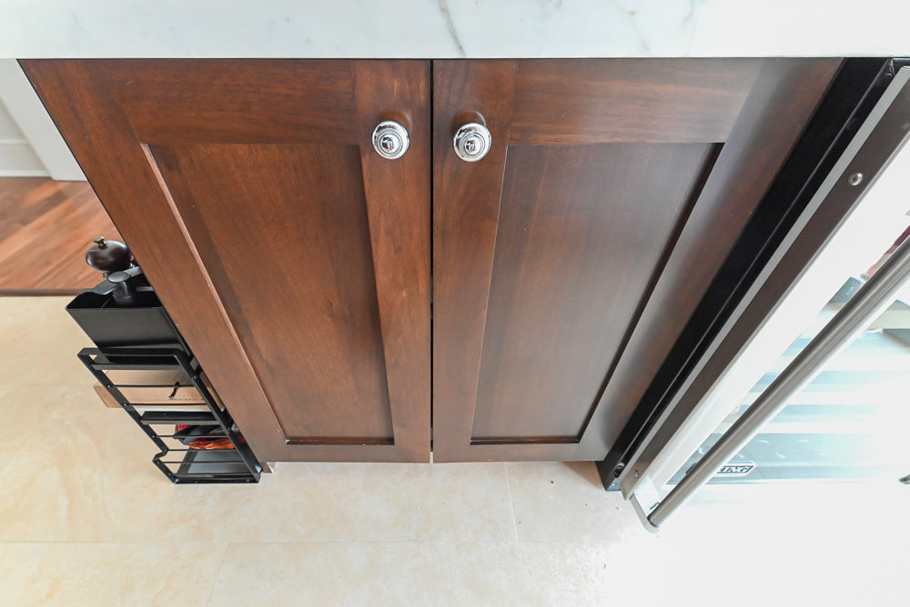 Dark Wooden Traditional Kitchen with Marble Island and Viking Appliance Package