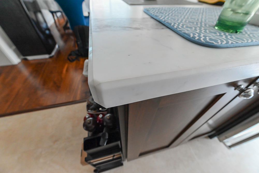 Dark Wooden Traditional Kitchen with Marble Island and Viking Appliance Package