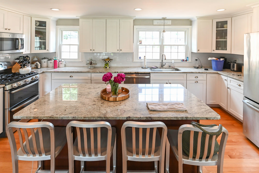 Traditional White Kitchen with Granite Island and Appliances