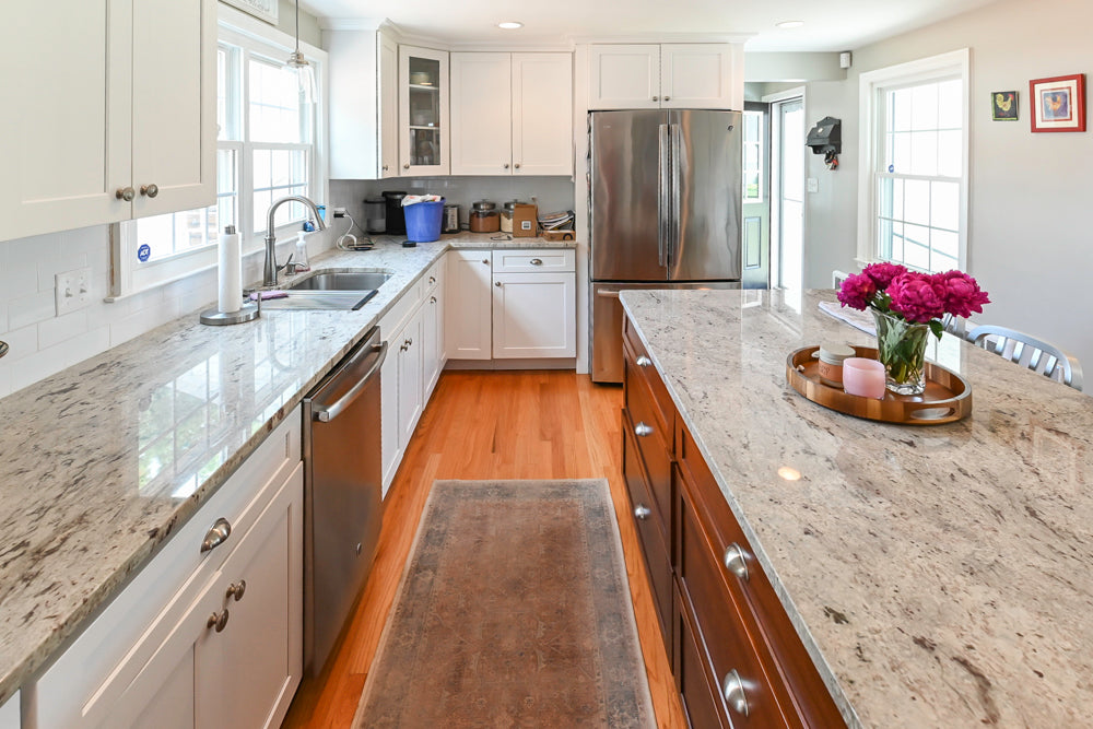 Traditional White Kitchen with Granite Island and Appliances