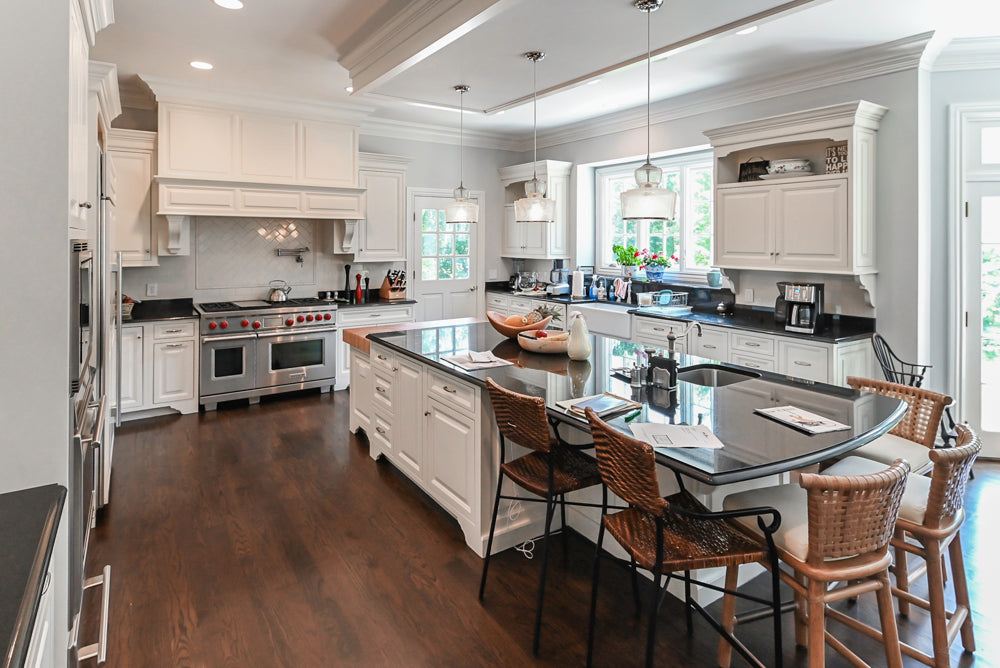 Signature Custom Cabinetry Traditional White Kitchen with Island, Desk Area & Appliances