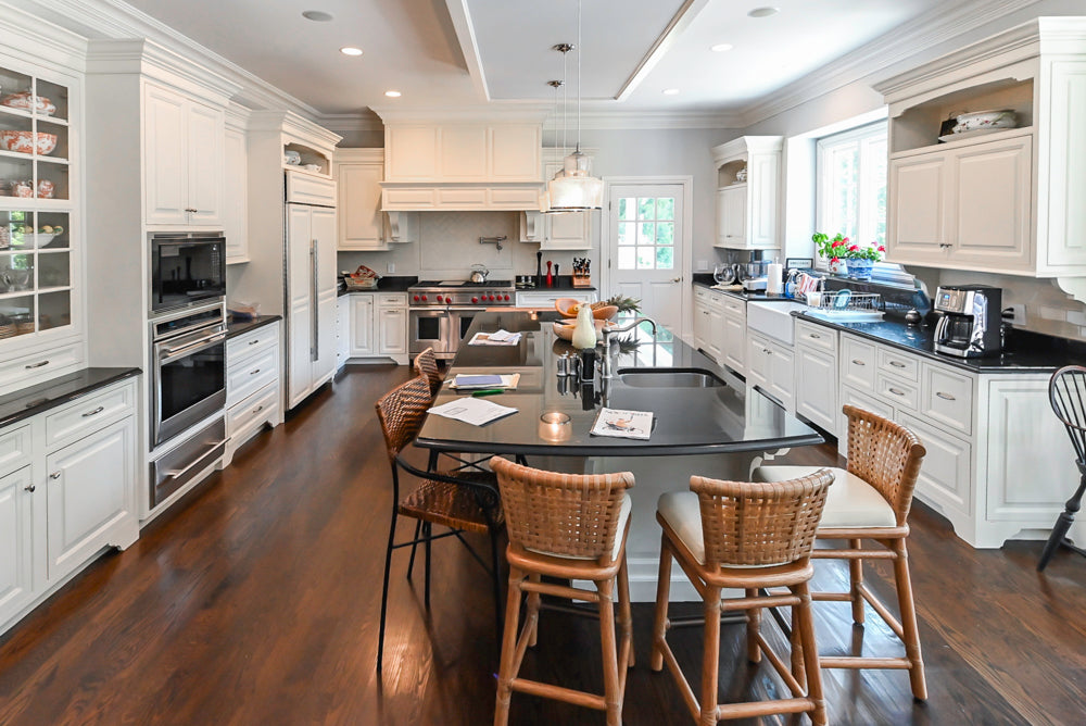 Signature Custom Cabinetry Traditional White Kitchen with Island, Desk Area & Appliances