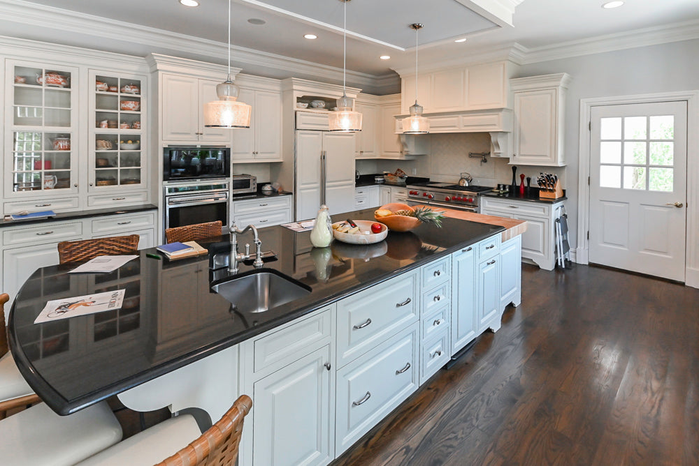 Signature Custom Cabinetry Traditional White Kitchen with Island, Desk Area & Appliances