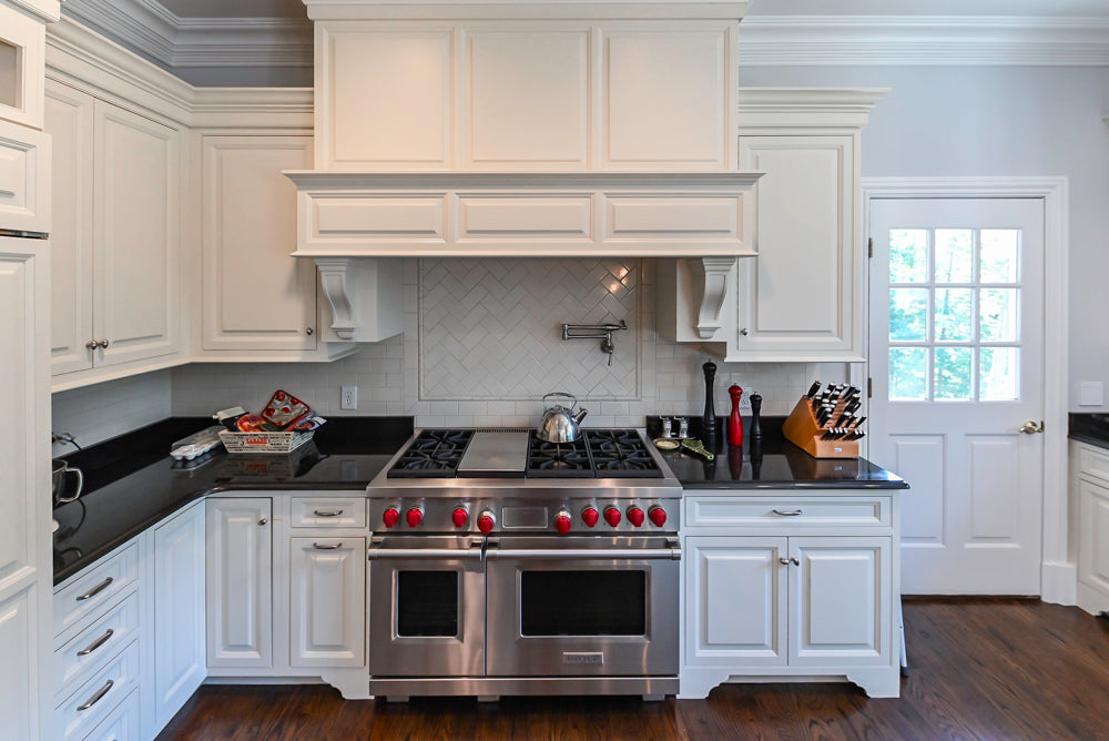 Signature Custom Cabinetry Traditional White Kitchen with Island, Desk Area & Appliances
