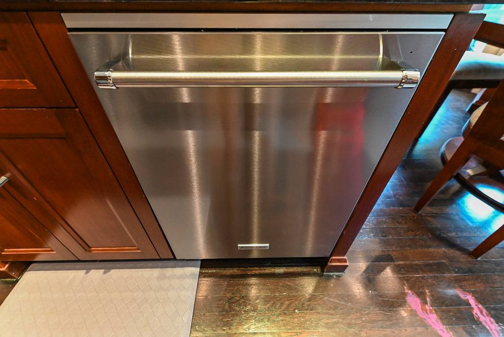 Stylish Dark Wooden Transitional Kitchen with Appliances & Island