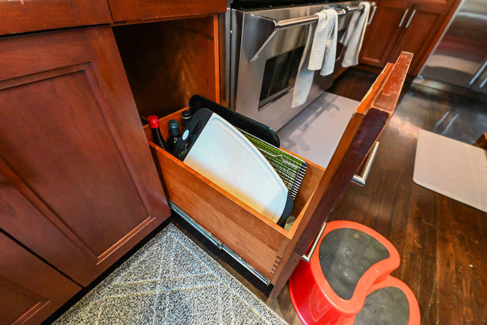 Stylish Dark Wooden Transitional Kitchen with Appliances & Island