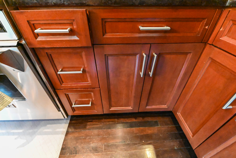 Stylish Dark Wooden Transitional Kitchen with Appliances & Island