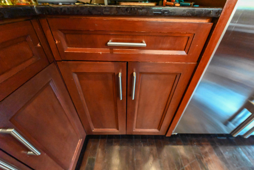 Stylish Dark Wooden Transitional Kitchen with Appliances & Island
