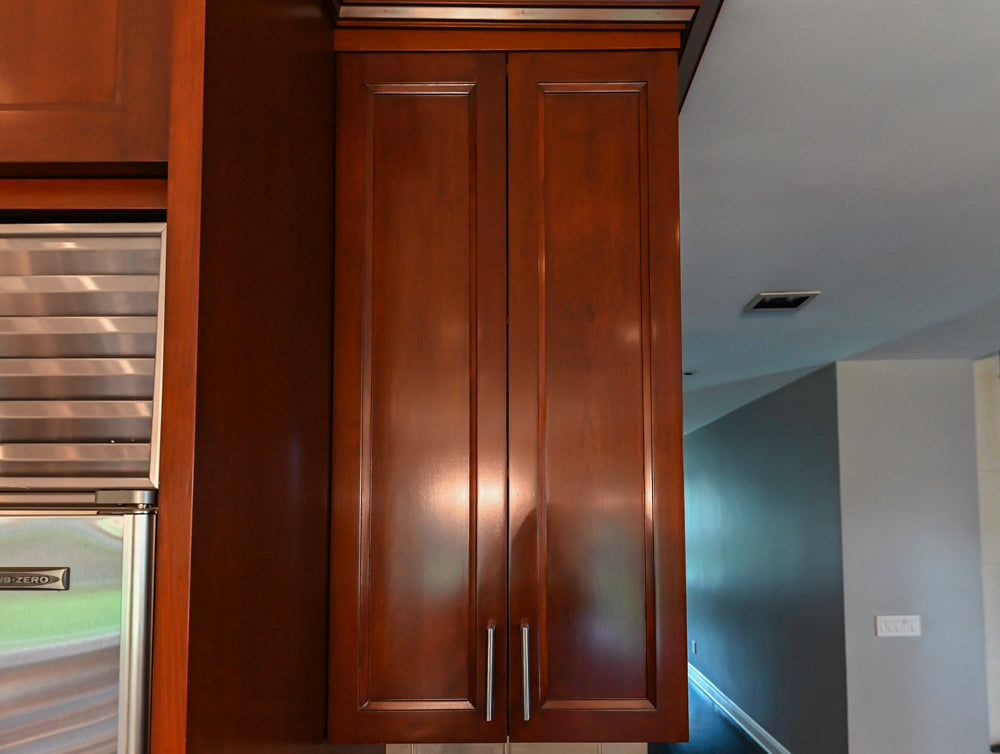 Stylish Dark Wooden Transitional Kitchen with Appliances & Island